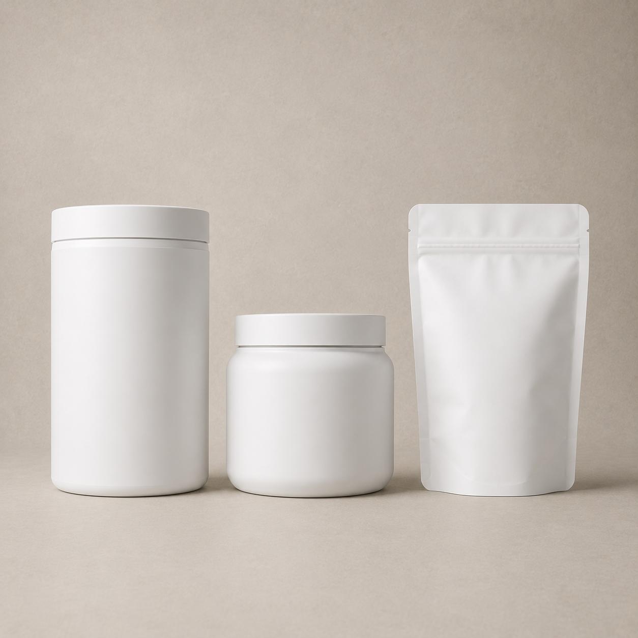 Three white containers with different shapes and a white pouch on a beige background.