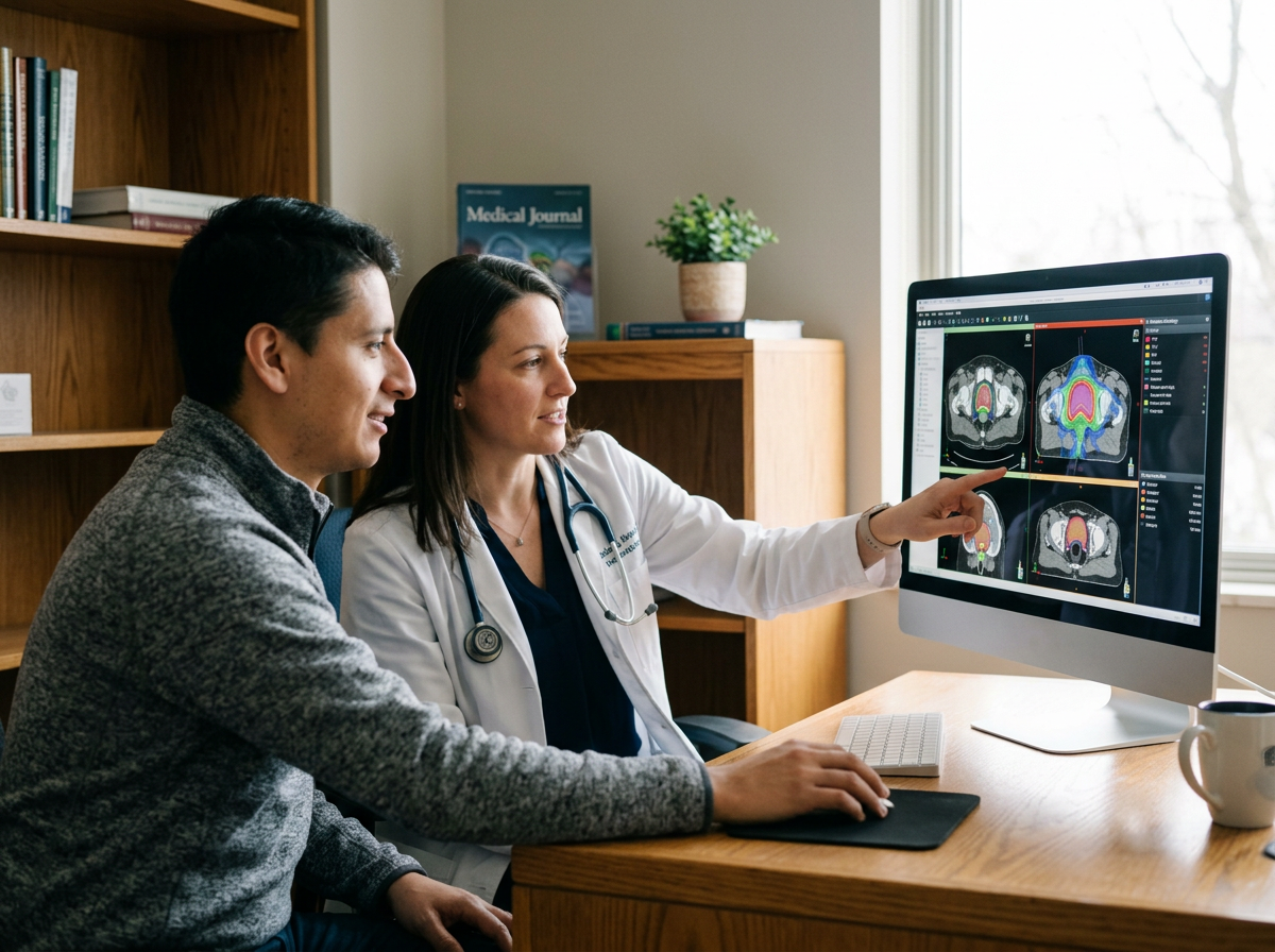 Doctor pointing at medical scans of the prostate on a computer screen while a patient observes
