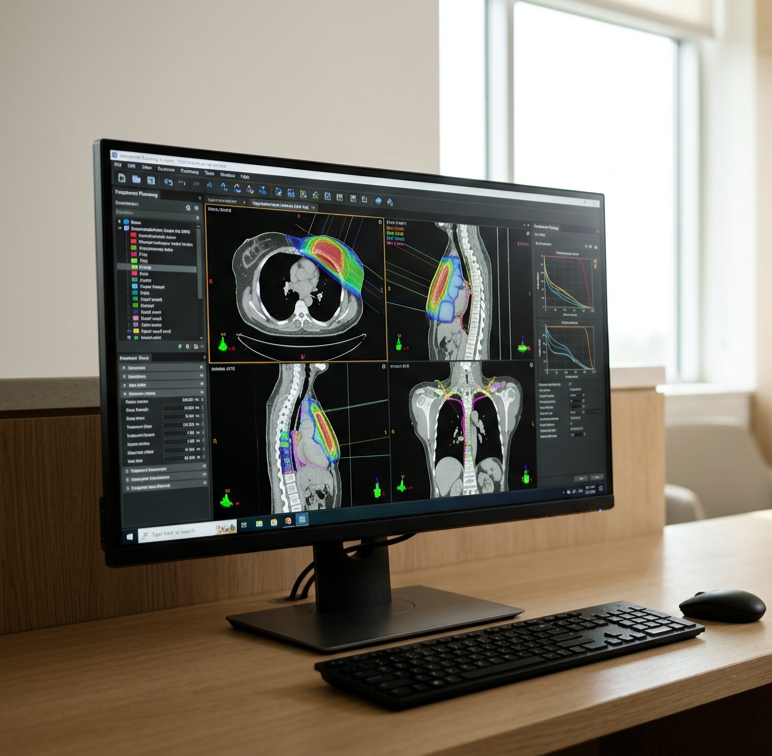 Computer screen displaying medical imaging scans, likely MRI or CT scans, with color-coded regions highlighting different areas of interest.