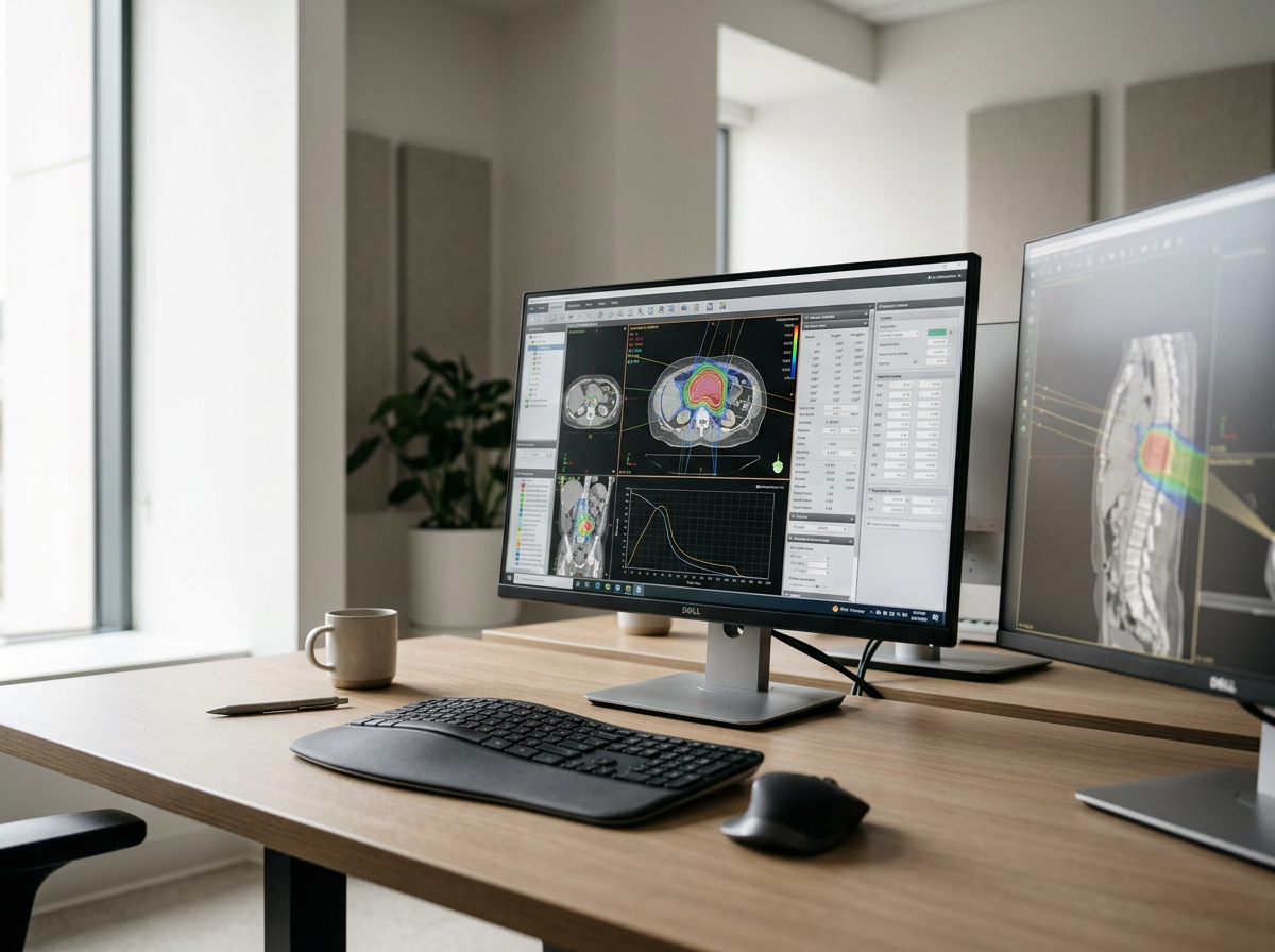 Medical office with dual computer monitors displaying medical imaging and analysis, keyboard, mouse, pen, coffee mug, and a potted plant in background.