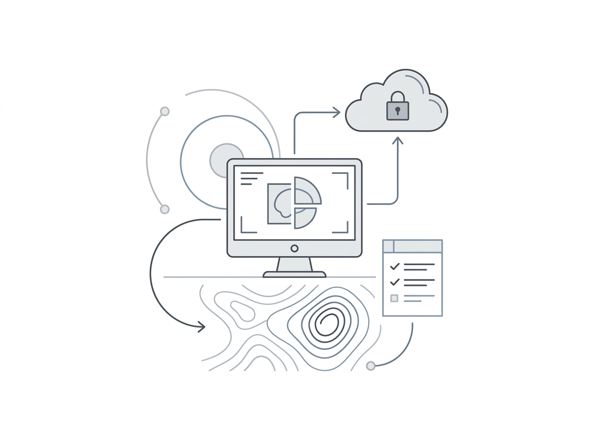 Diagram of data analysis and cloud computing with a computer monitor, cloud with lock symbol, checklist, and topographic map.