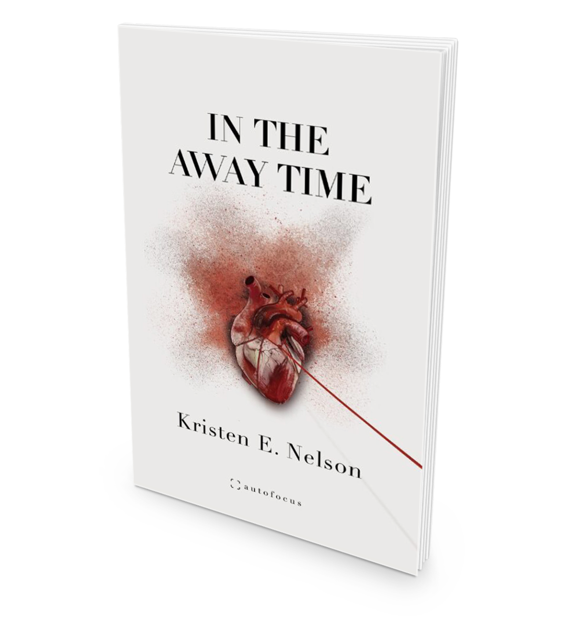 Book cover titled 'In the Away Time' by Kristen E. Nelson, featuring a realistic heart illustration on a white background.