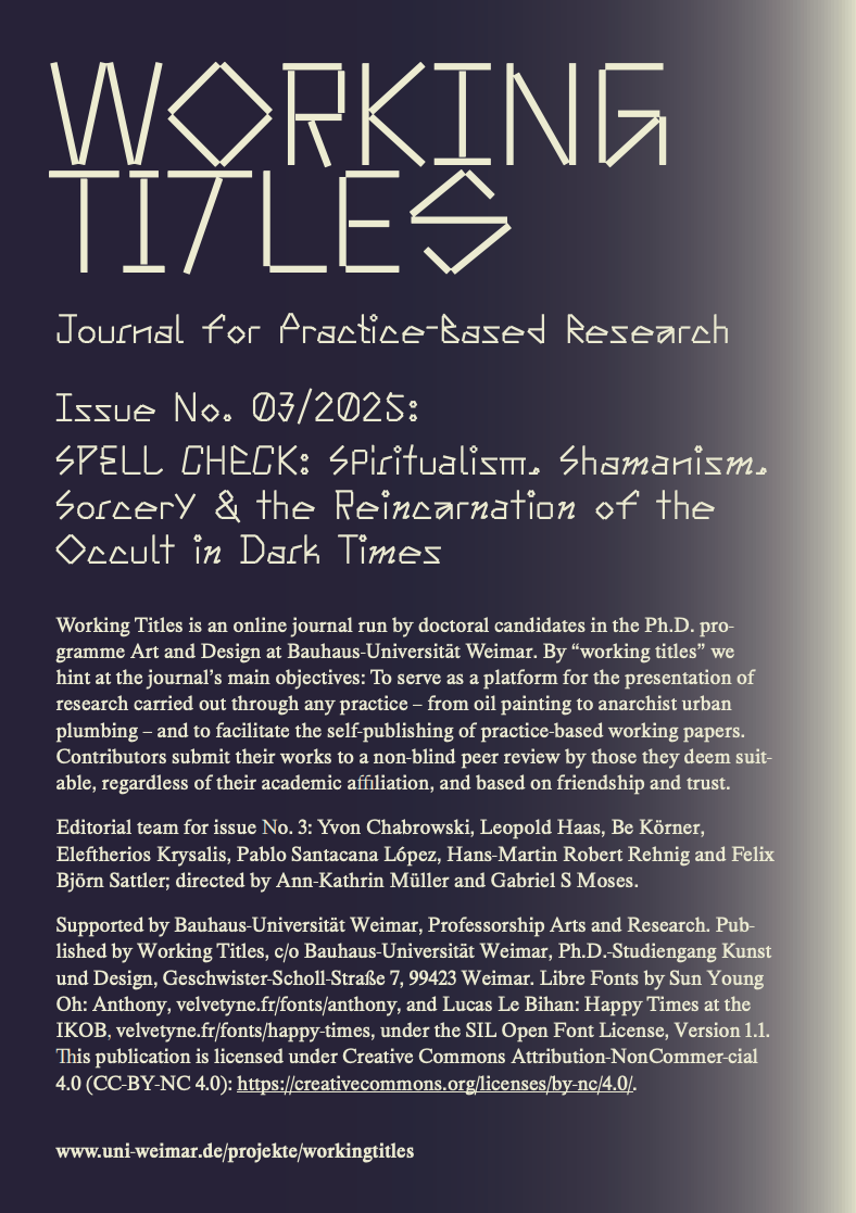 Cover page of a journal titled "WORKING TITLES" with subtitle "Journal for Practice-Based Research." It includes issue information, a description of the journal's purpose, editorial team, supporting institutions, and font credits.