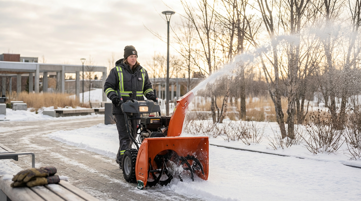 A person wearing winter clothing, including a black jacket with reflective stripes and a beanie, operating an orange snow blower on a snow-covered sidewalk in a park-like area with leafless trees and benches.