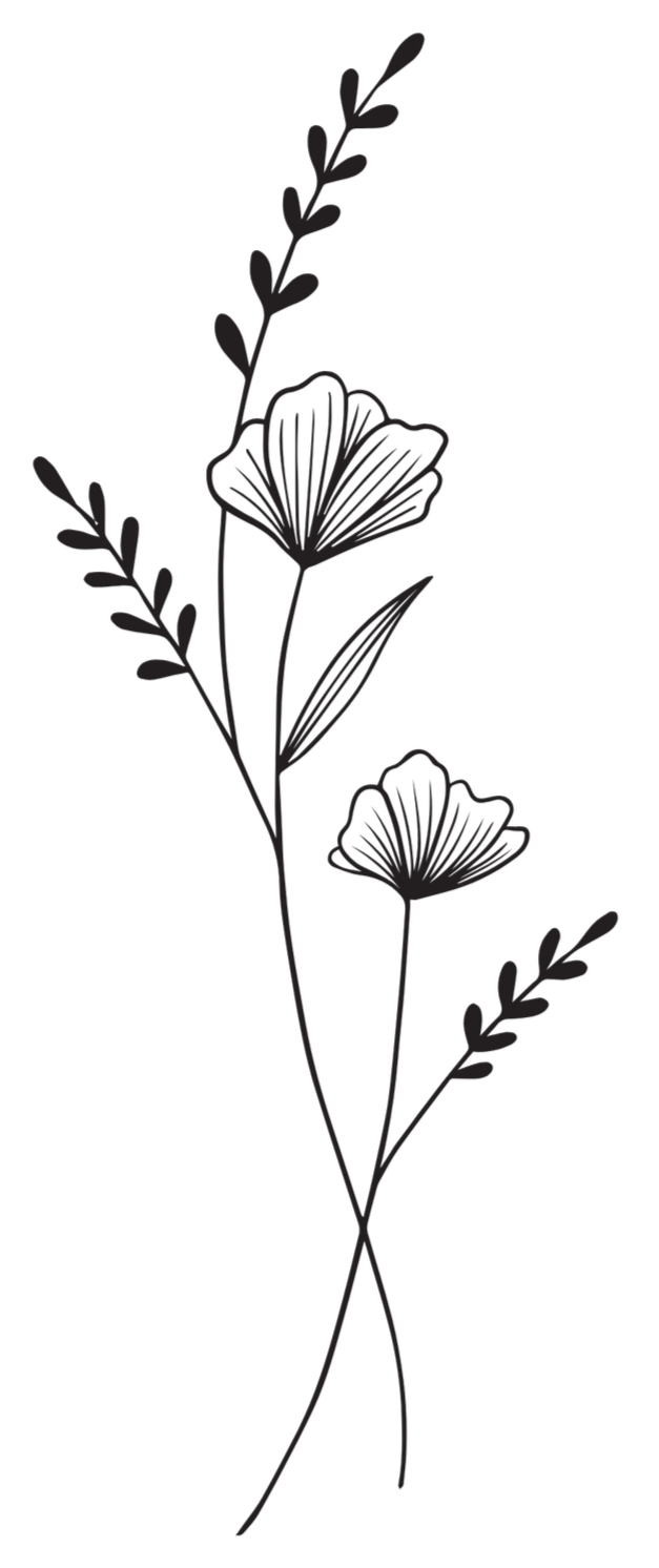 Stylized black outline of flowers and leaves.