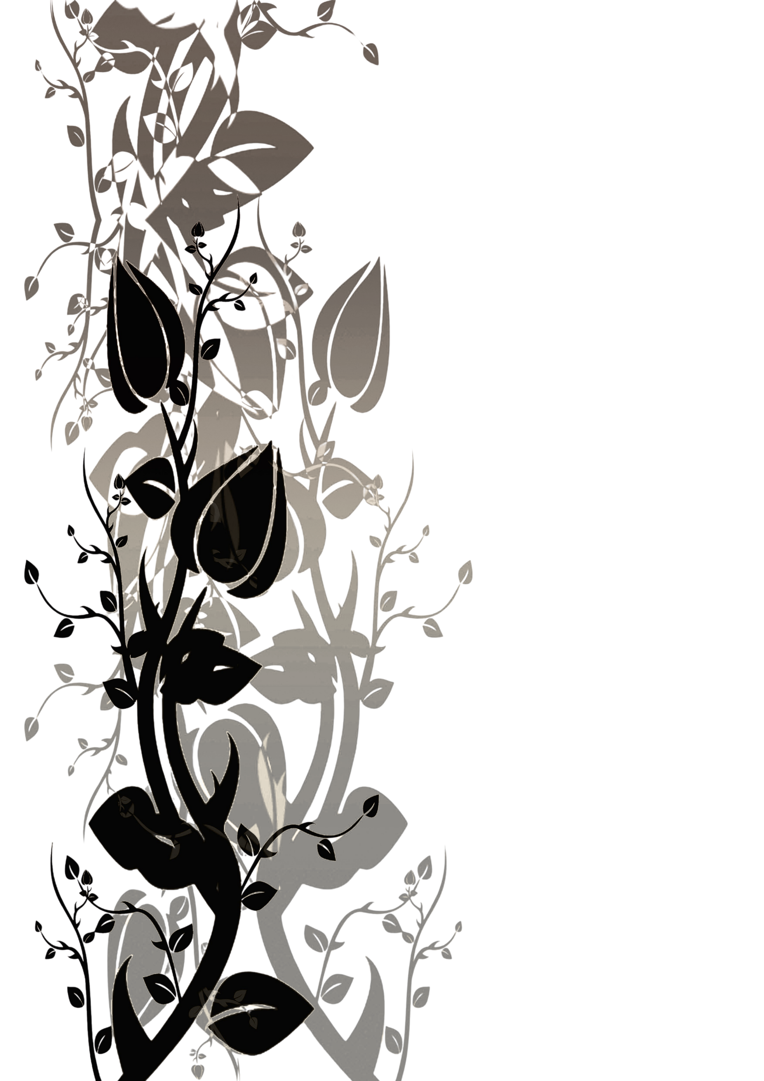 The image features a decorative black and gray floral design with various leaves and flowers, overlapping a colorful background with horizontal stripes in shades of purple, red, blue, and pink.