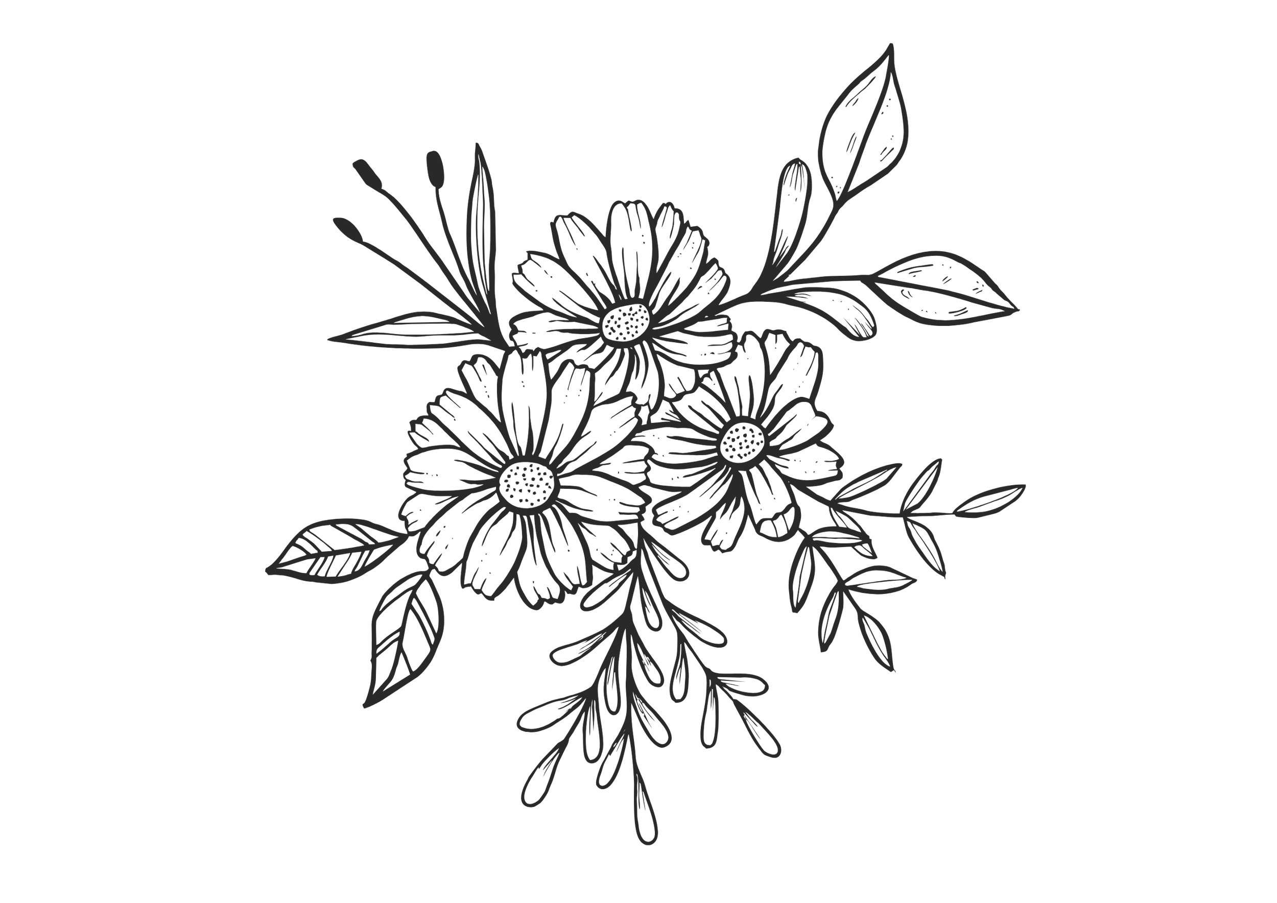 Line drawing of a floral arrangement featuring large flowers and leaves.