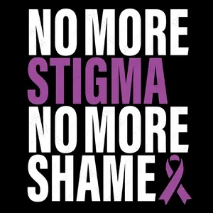 Text reading 'No more stigma, no more shame' with a purple ribbon.