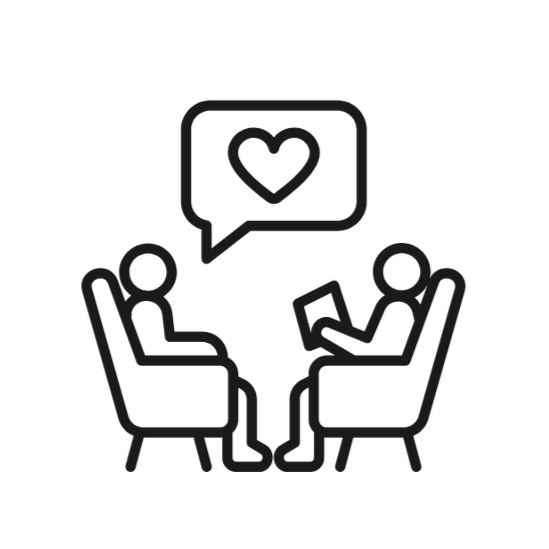 Outline of two people sitting in chairs having a conversation, with a speech bubble containing a heart symbol between them.