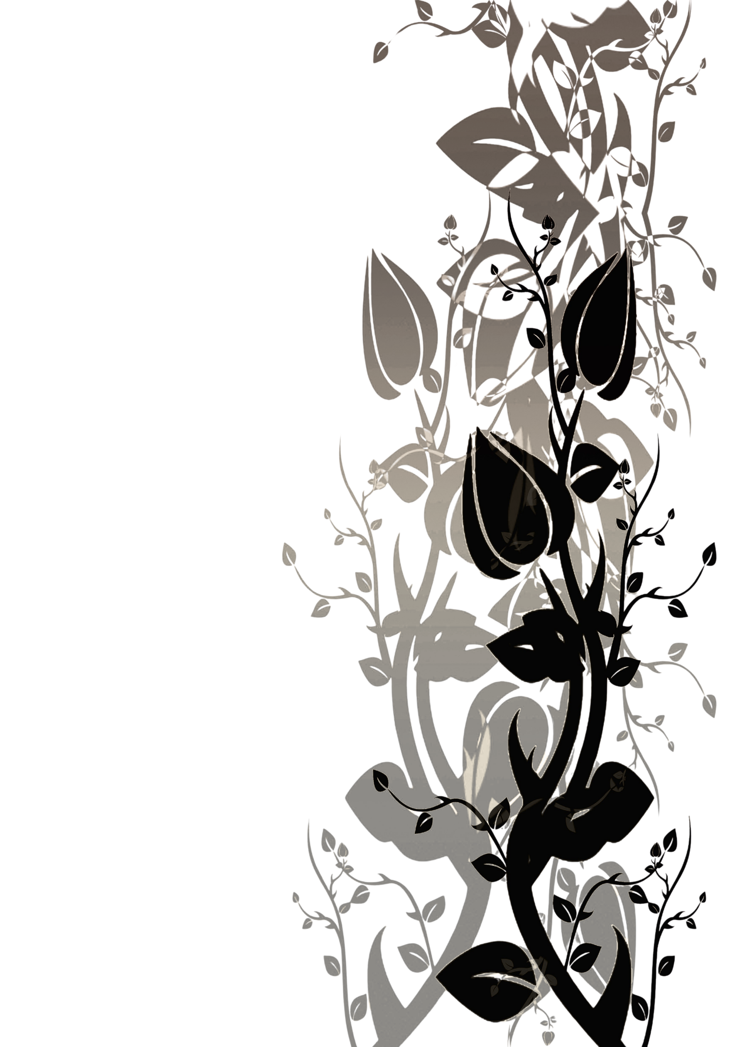 An artistic black and white illustration of a woman with flowing hair, surrounded by floral and leaf motifs.