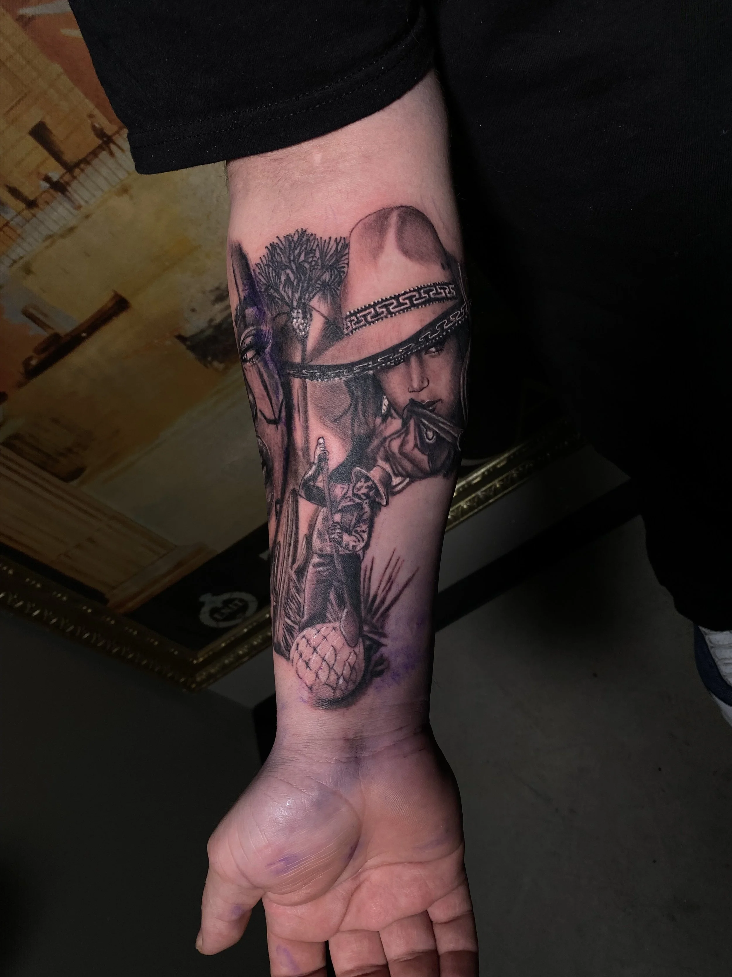 A tattoo on a person's arm of a woman wearing a headband, with palm trees and a pineapple.