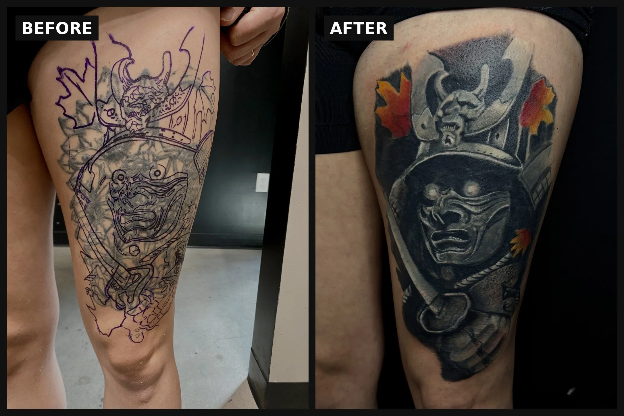 Before and after samurai cover-up tattoo by Esteban, San Diego