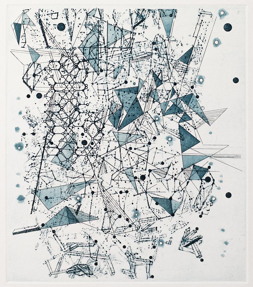  Stricken Tower , 2025, etching 13.75 in x 12 in