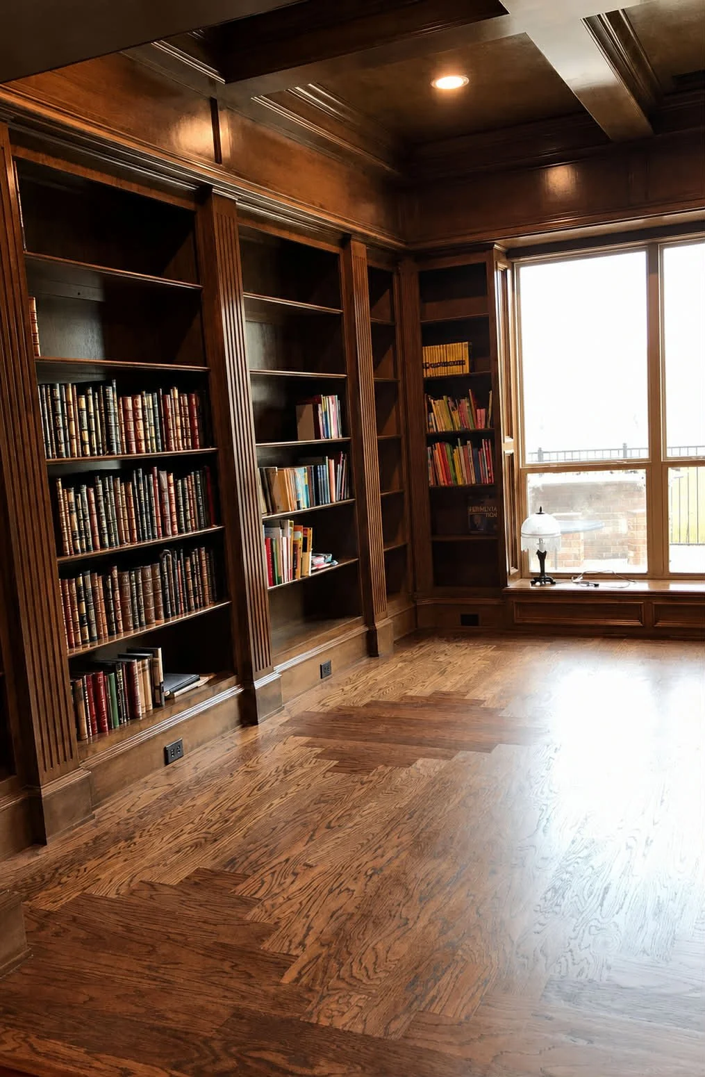 A cozy room with wooden walls, floor, and built-in bookshelves filled with colorful books. Large window with a small lamp on the windowsill provides natural light.
