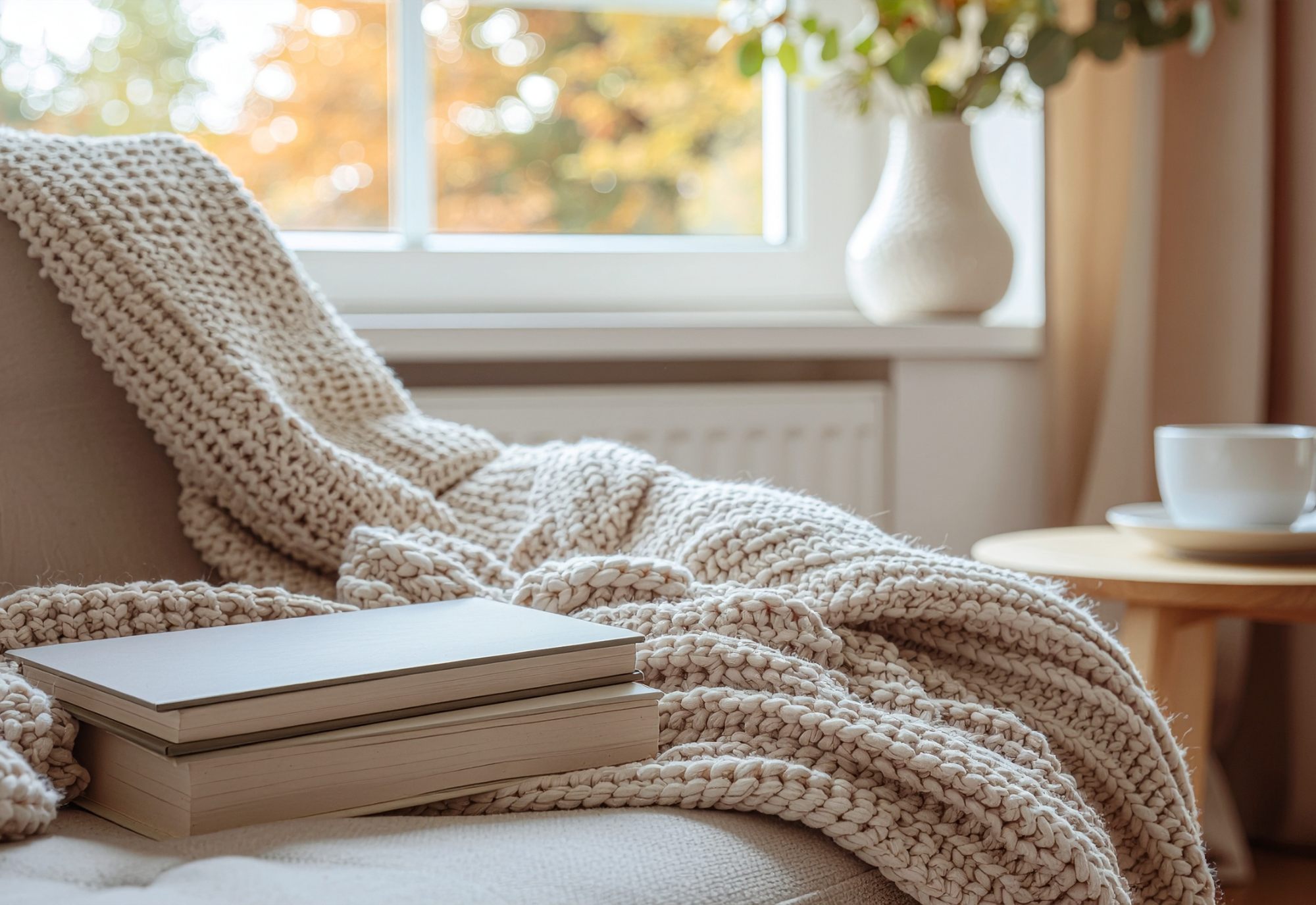 A cozy beige knitted blanket draped on a sofa, with a stack of books nearby, in a room with a window showing fall foliage outside, and a white vase with green plants on the windowsill.