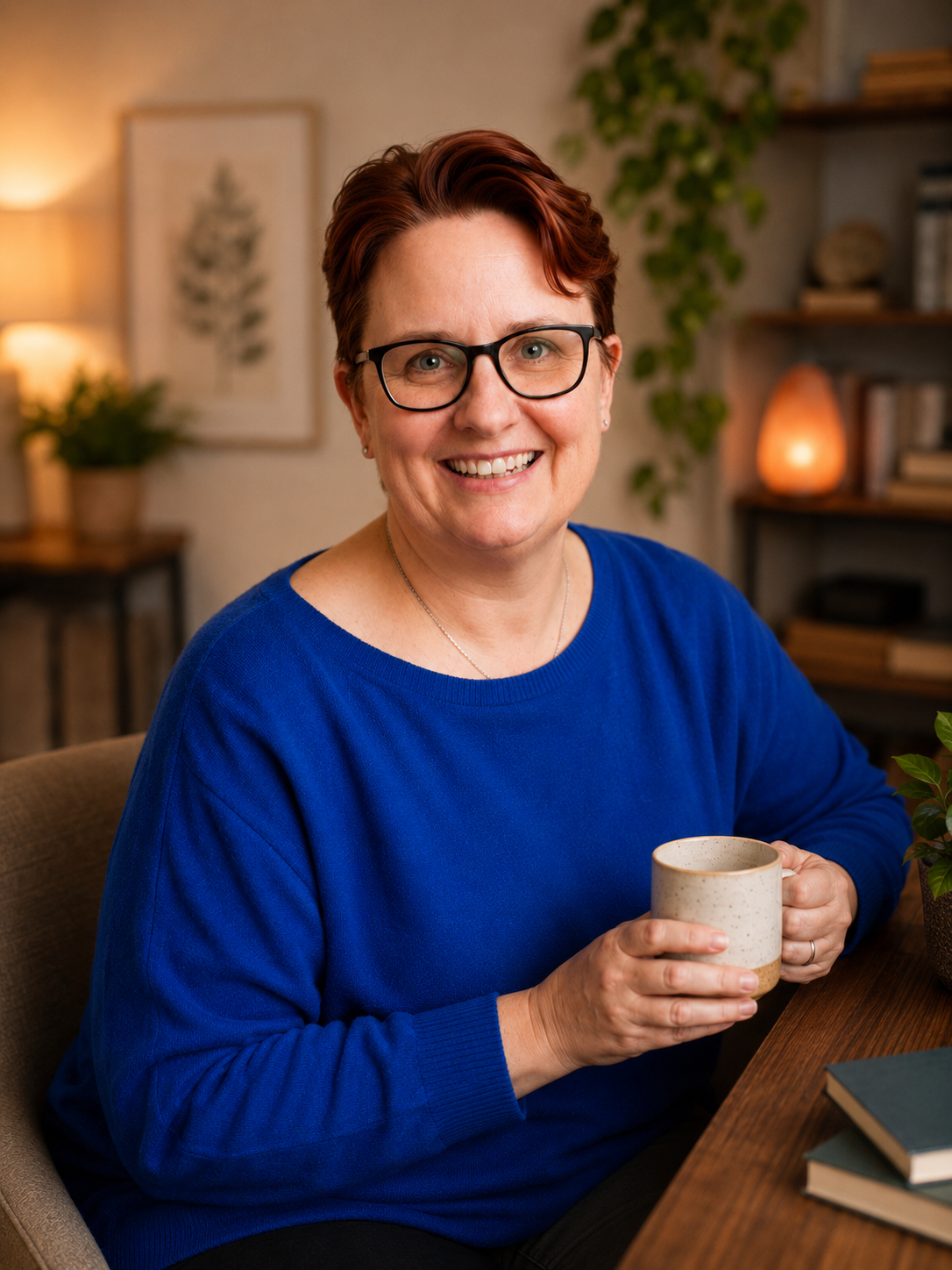 A woman with short red hair, glasses, and a blue sweater sitting at a wooden table, holding a mug, smiling at the camera in a cozy, well-lit room with plants and books.