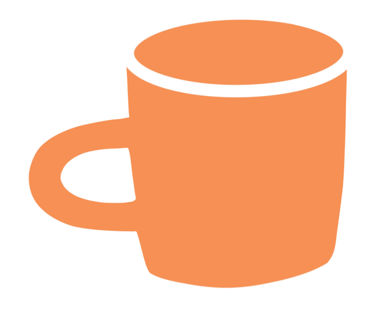 A simple illustration of a peach-colored coffee mug with a black rim, viewed from a slight angle.