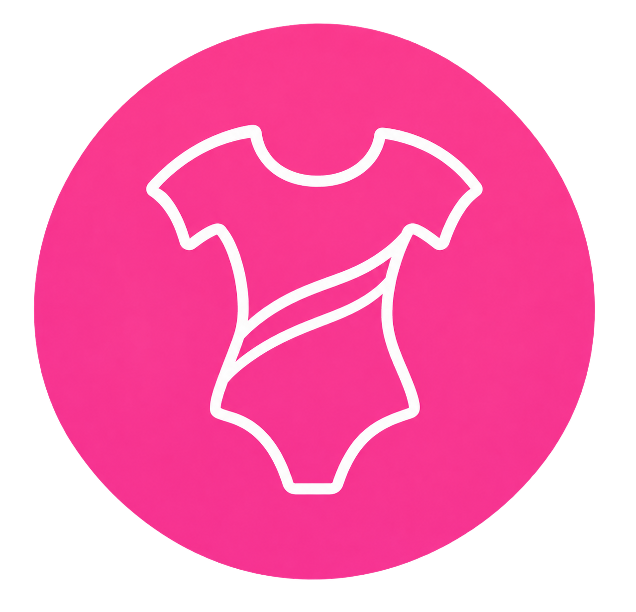 Outline of a baby onesie on a pink circular background.