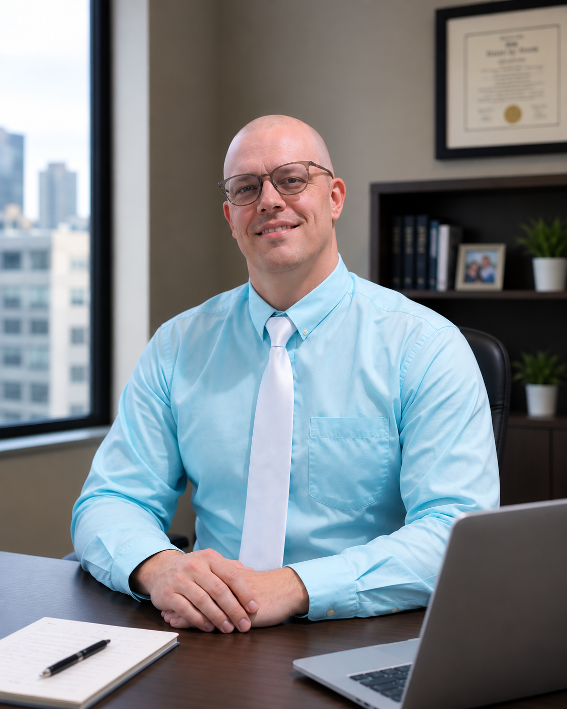 A man in a light blue dress shirt and glasses sitting at a desk in an office, smiling at the camera, with a laptop, notebook, and pen on the desk. There are framed documents and photos on a shelf behind him.