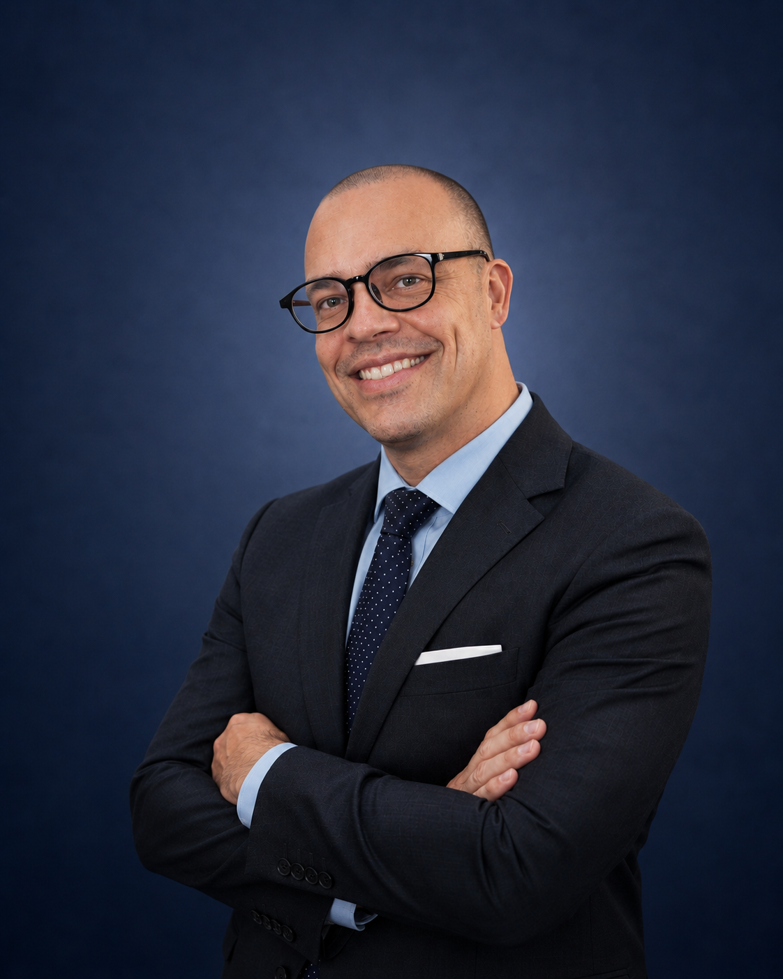 A man wearing glasses, a dark suit, light blue shirt, and a navy tie with white polka dots, standing with arms crossed in front of a dark blue background, smiling.