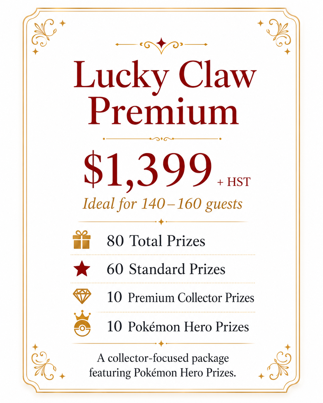Price list for Lucky Claw Premium at $1,399 plus taxes, suitable for 140-160 guests, with prizes including 80 total prizes, 60 standard prizes, 10 premium collector prizes, and 10 Pokémon Hero prizes, featuring a decorative border with floral accents.