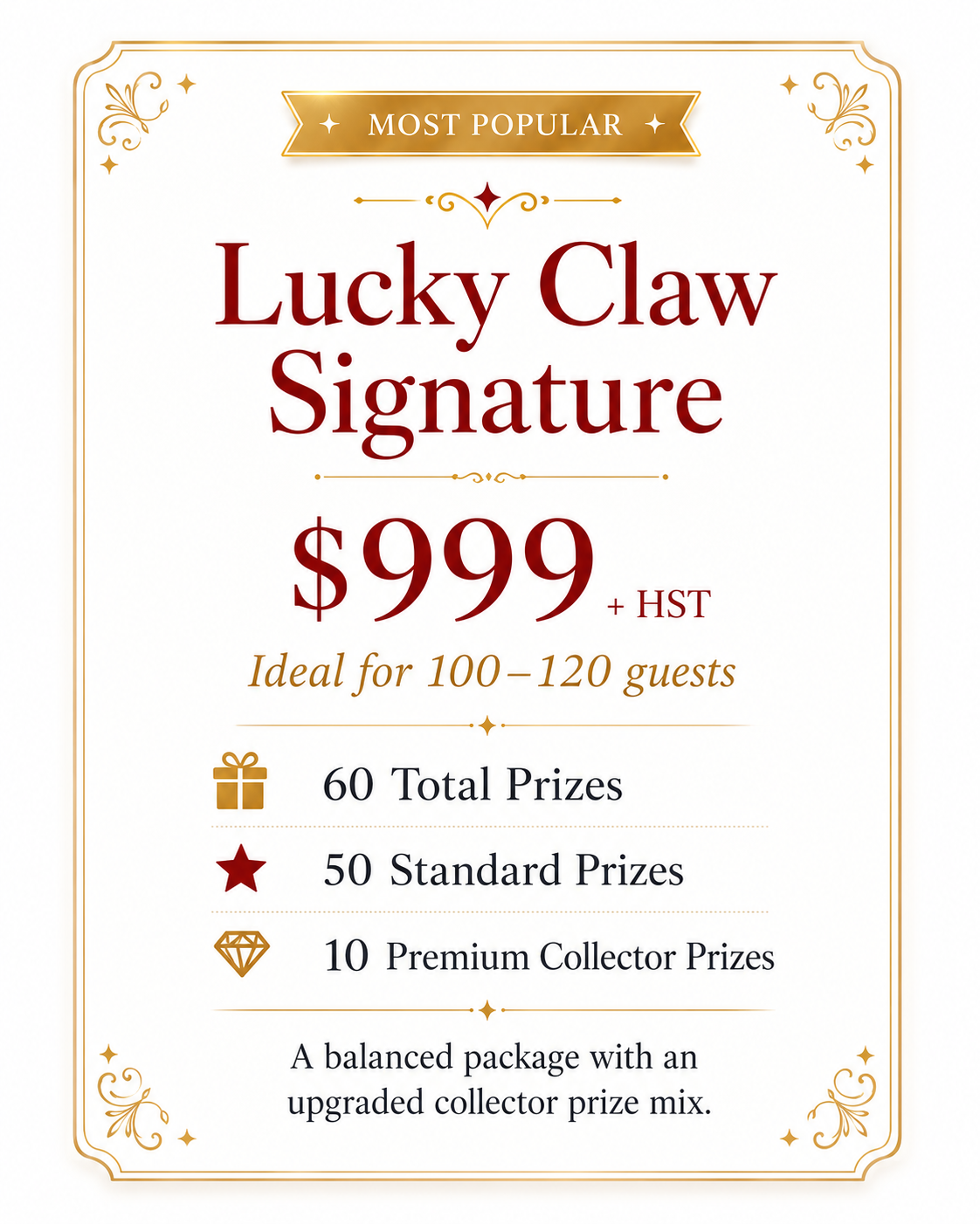 Event ticket or promotional poster for Lucky Claw with a $999 price, suited for 100-120 guests, featuring prizes including 60 total, 50 standard, and 10 premium collector prizes. The design is ornate with gold and red accents.