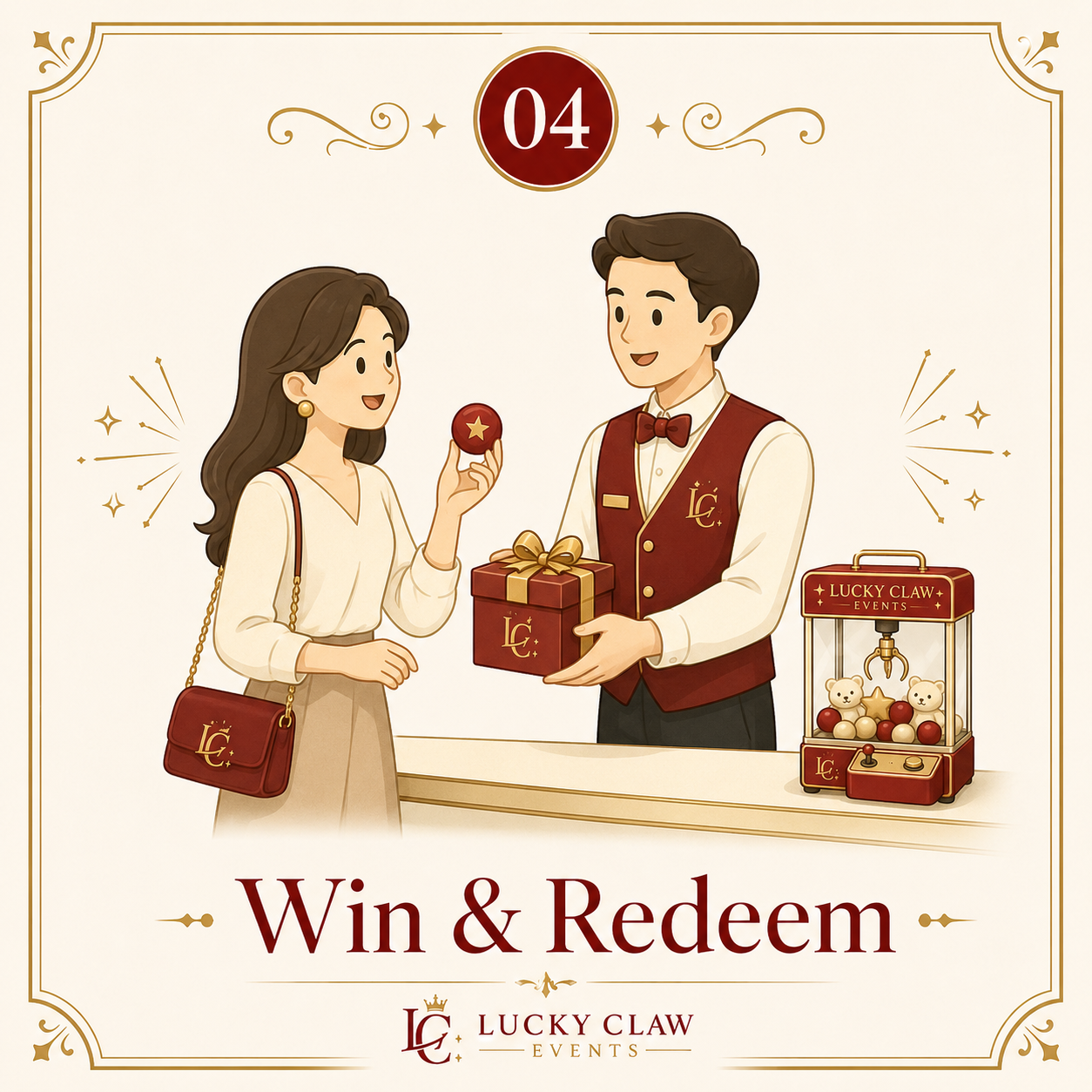 A woman and a man at a Lucky Claw Events booth, exchanging a gift. The woman holds a red ball with a gold star, and the man hands her a red gift box with a gold ribbon. The booth features a claw machine with plush toys. The scene has an elegant design with gold accents and the text 'Win & Redeem'.