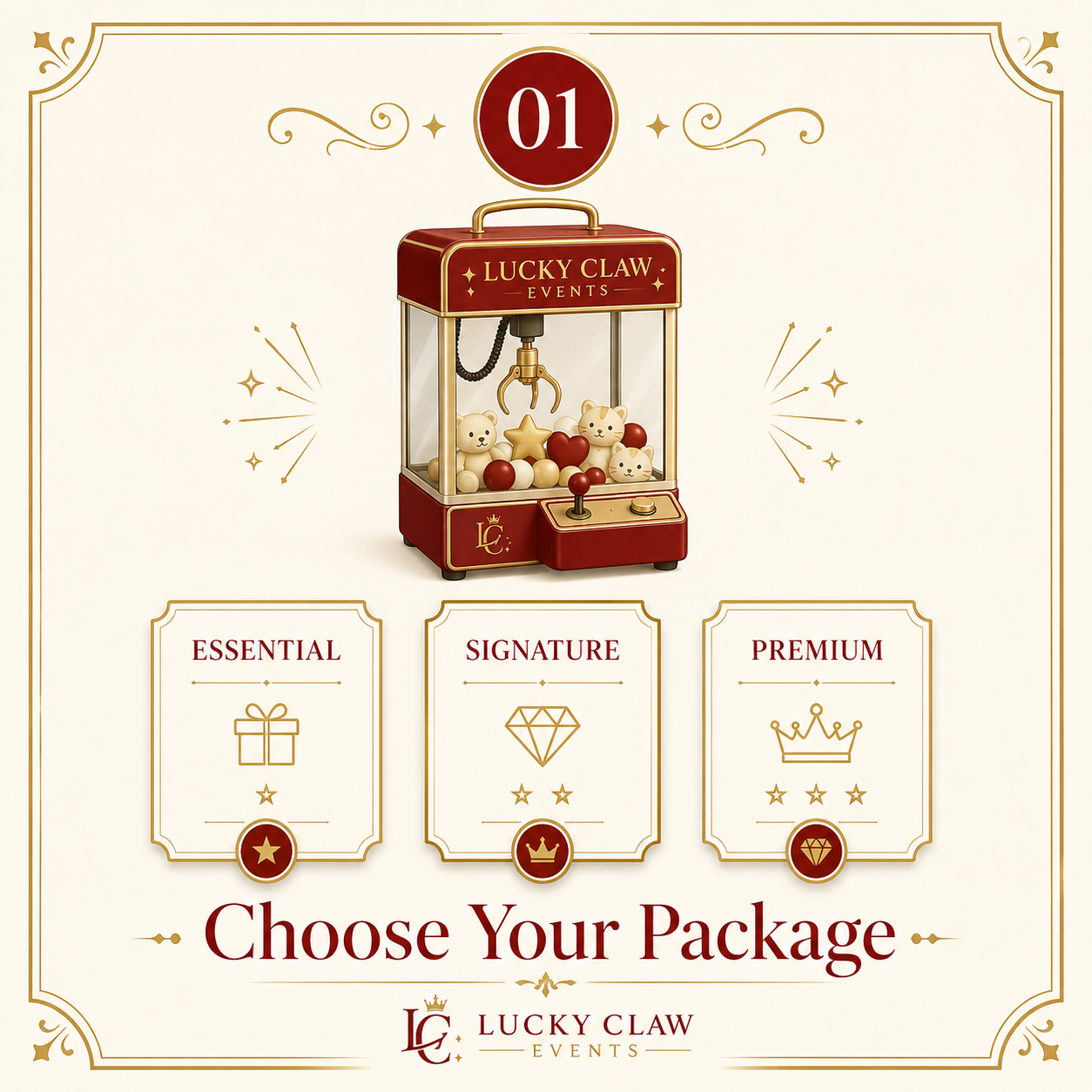 A promotional graphic for Lucky Claw Events featuring a claw machine with bear and heart plush toys. The graphic offers three service packages: Essential, Signature, and Premium, each with icons of a gift box, diamond, and crown respectively, and the phrase 'Choose Your Package' at the bottom.