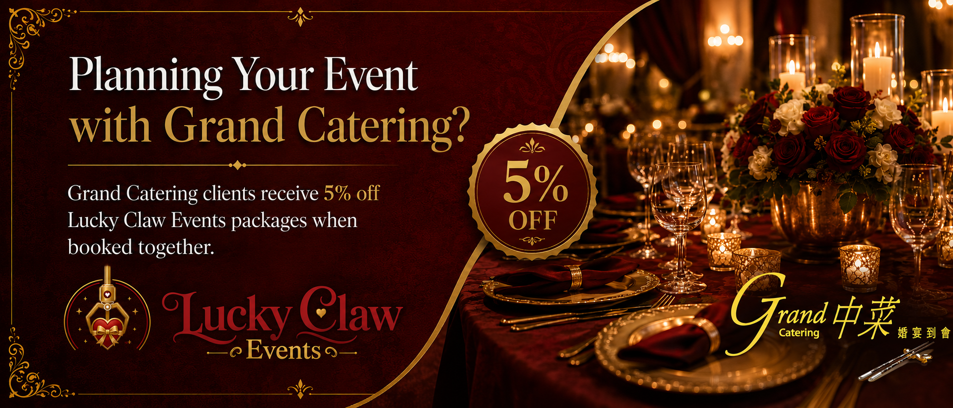 Promotional advertisement for event planning with grand catering, showing a decorated dining table with candles, flowers, and glassware, and a dark red background with gold accents.