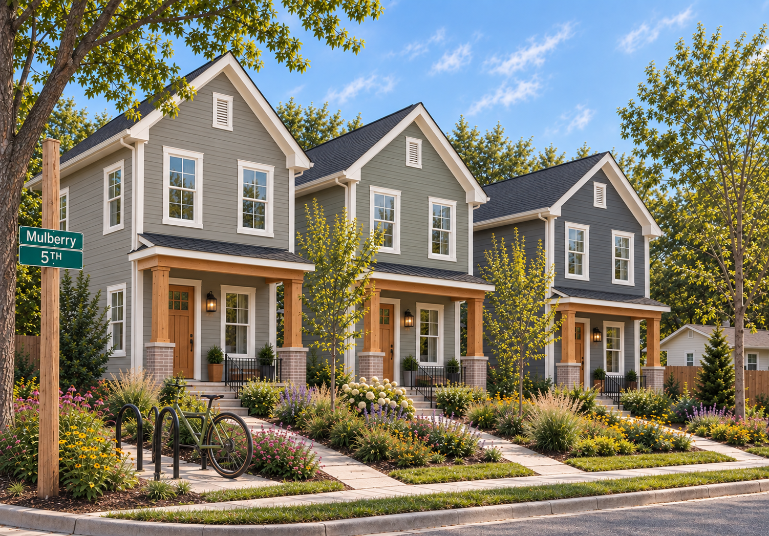 Three new gray houses with front porches and landscaped gardens on Mulberry 5th street, with trees and blue sky in the background.