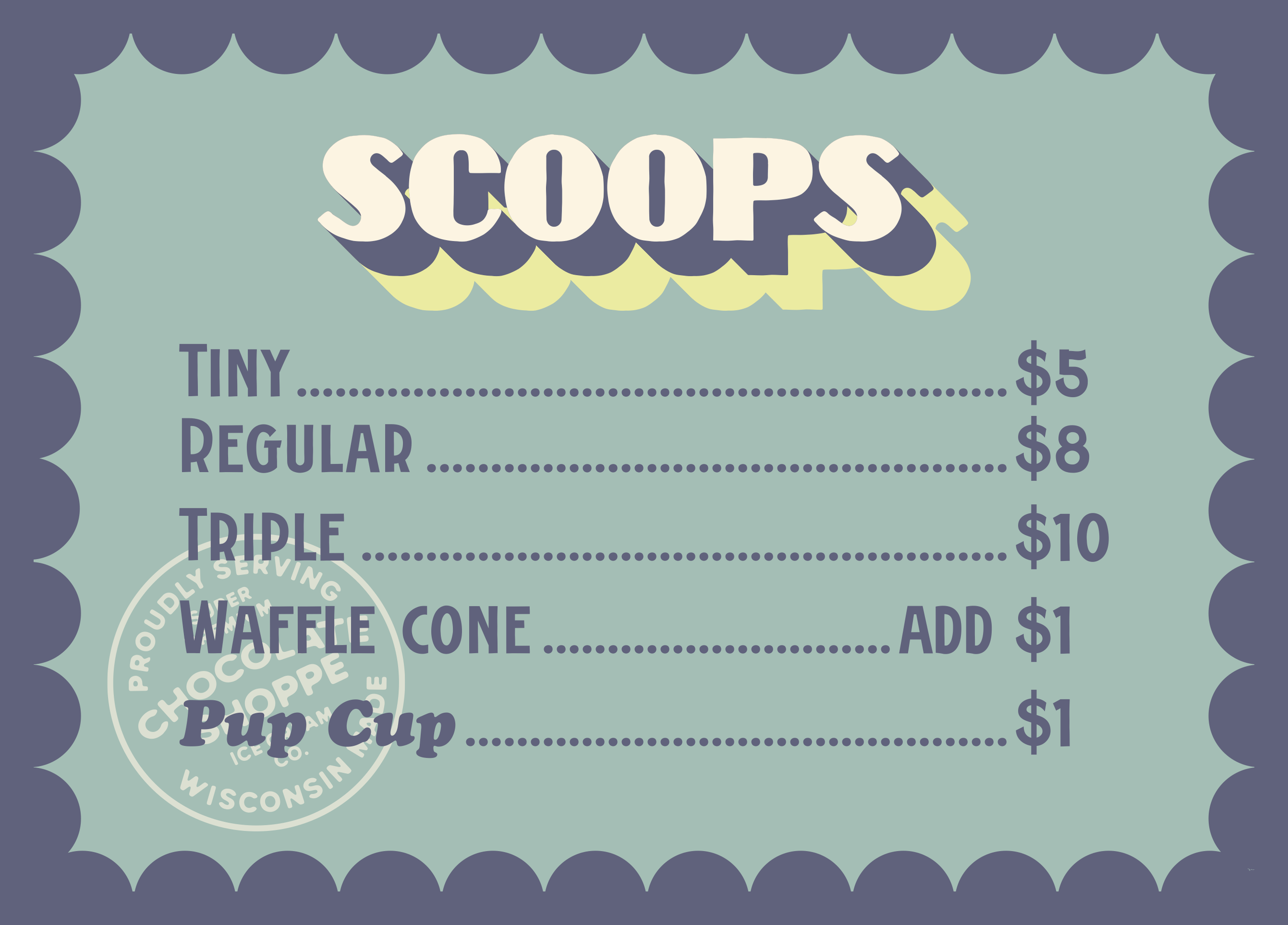 A menu showing different types of soups with prices, a waffle cone, and a pup cup for sale.
