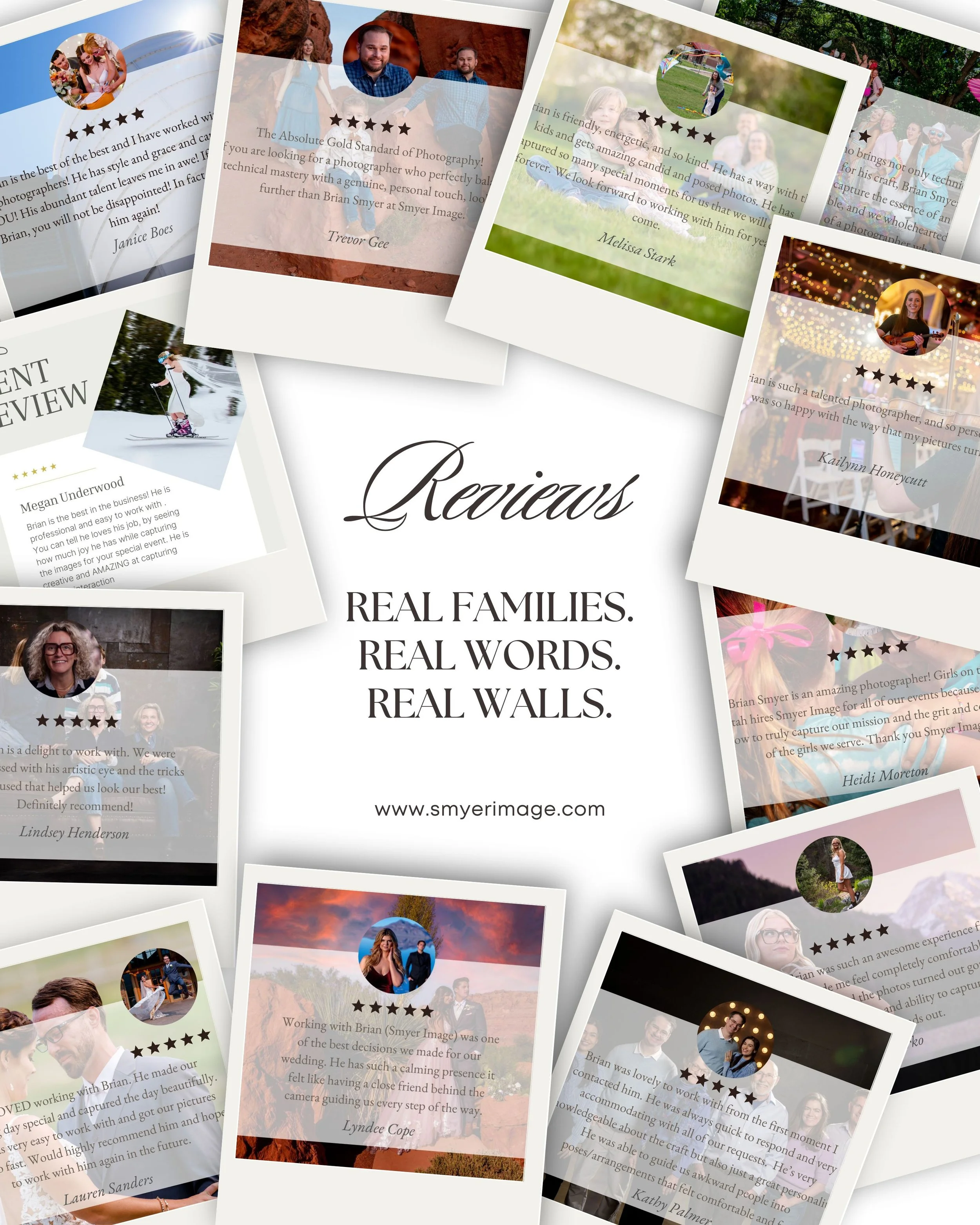 Collage of multiple reviews for Smyer Images, featuring photos of families, couples, and individuals at various events, with text praising the photographer's talent, professionalism, and ability to capture special moments.