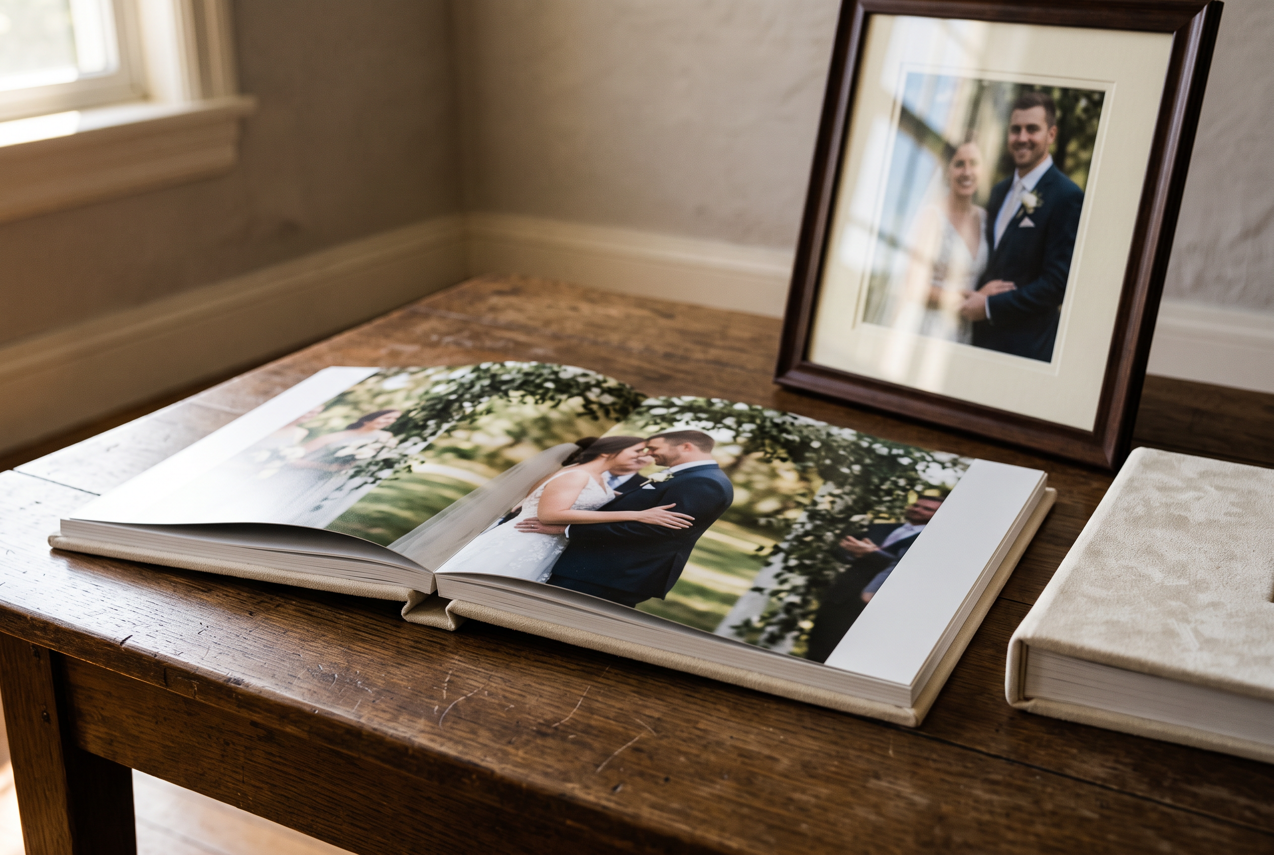 An open heirloom album with a suede cover sits on a wood table next to a framed portrait.