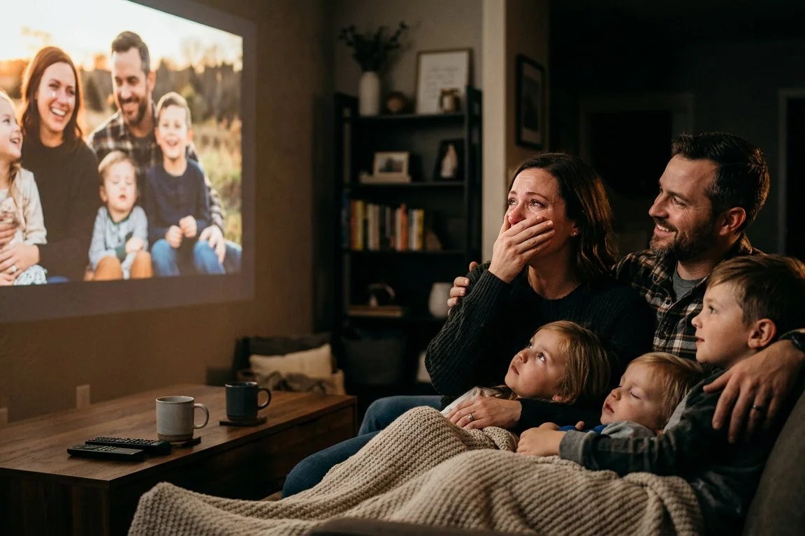 Family watching a family photo on a projector at home, with the mother wiping tears of joy and the others smiling as they watch.