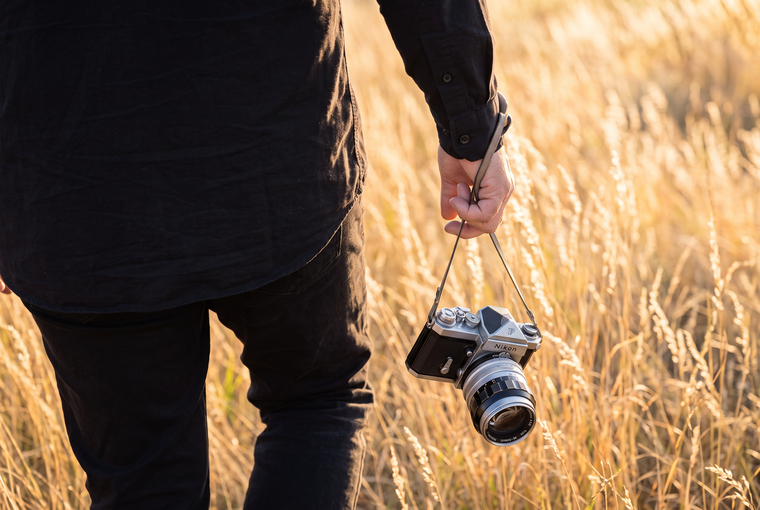 Person holding a Nikon camera strap with a camera hanging from it in a field of tall golden grass at sunset.