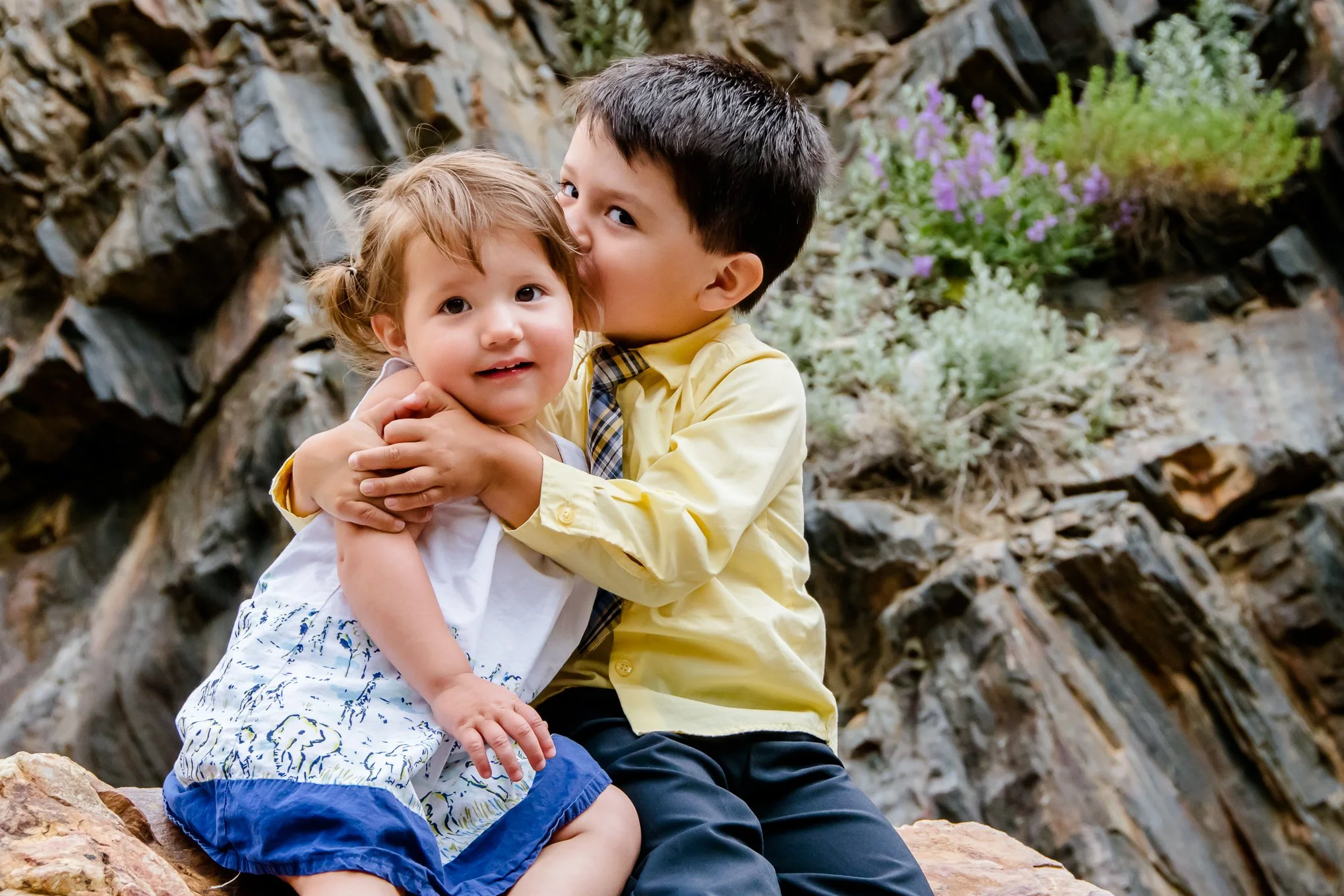 brother and sister hug in big cottonwood canyon