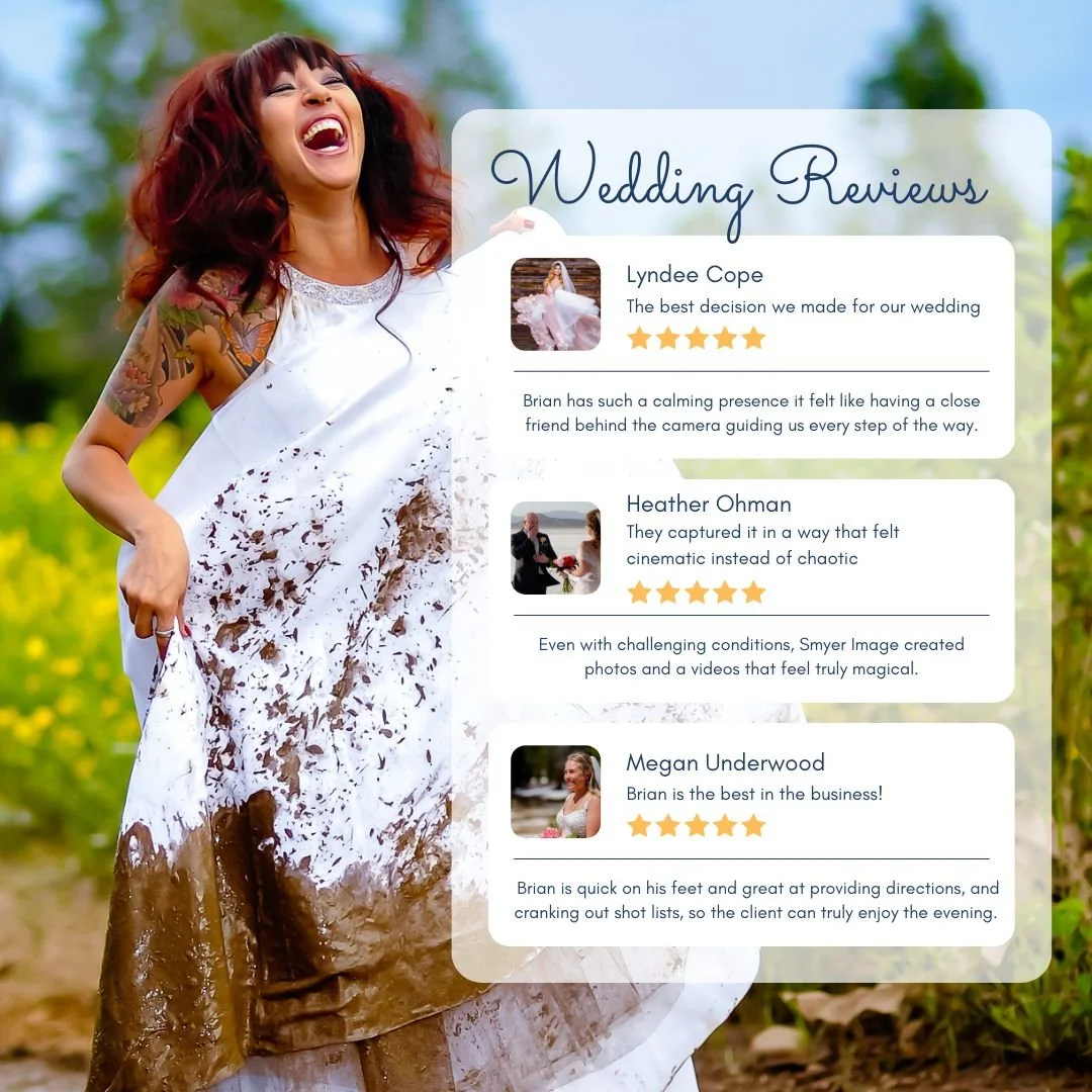 A smiling woman in a white wedding dress with mud splatters, outdoors with green foliage in the background, and overlay text reviewing wedding photography services.