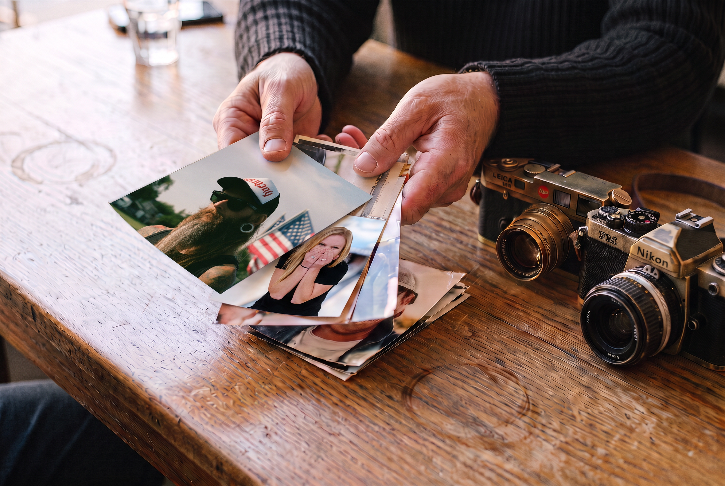 A person holding a stack of photographs with two vintage cameras on a wooden table, one camera is a Leica and the other a Nikon.