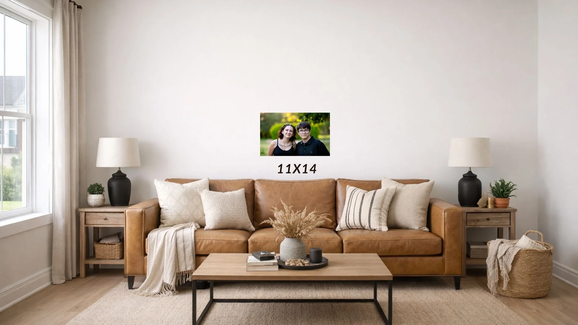 Living room with mock up 11x14 canvas wrap for size comparison