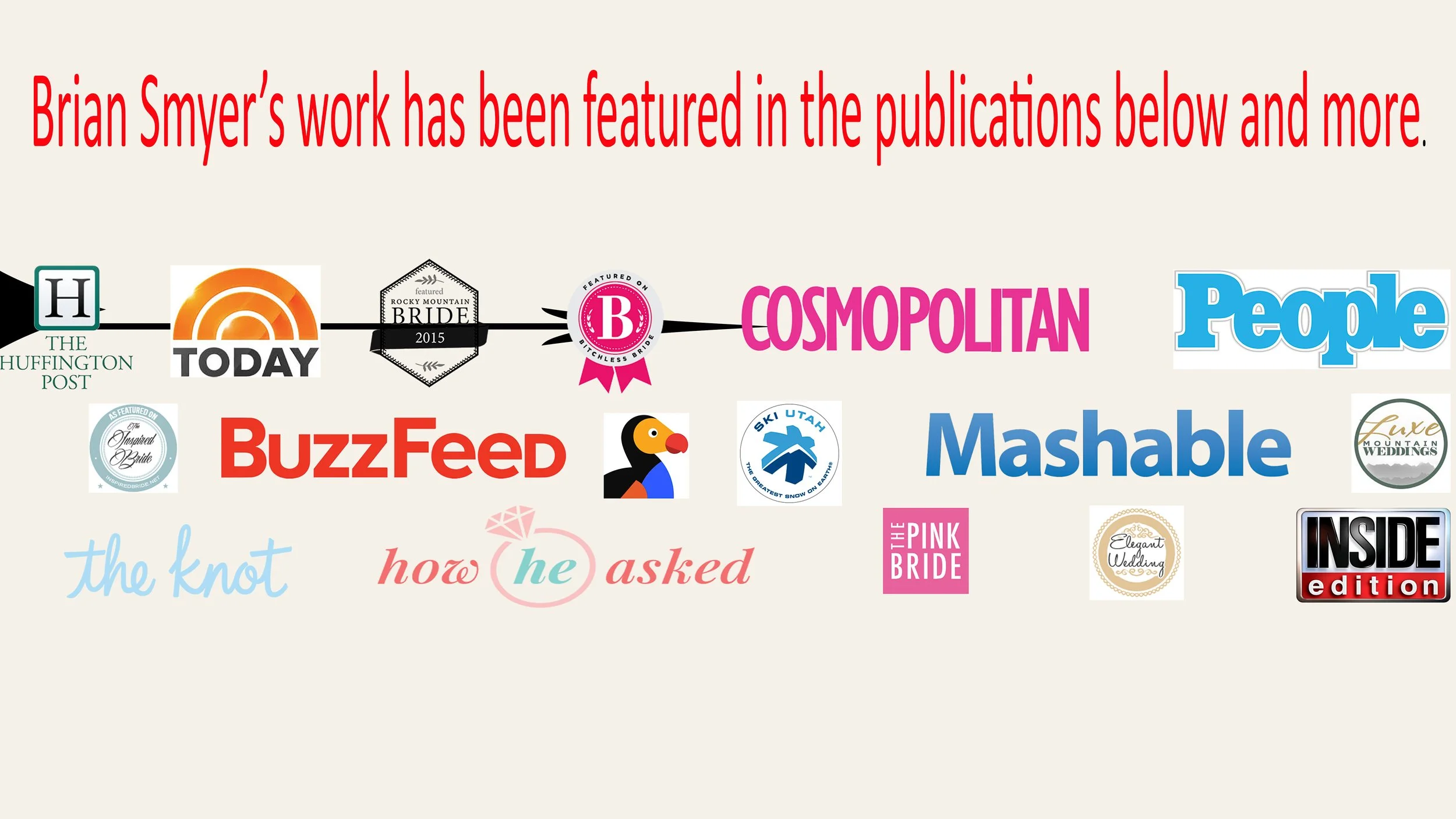 A row of publication logos showing where Brian Smyer's photography has been featured, including The Today Show, People, The Huffington Post, and Cosmopolitan.