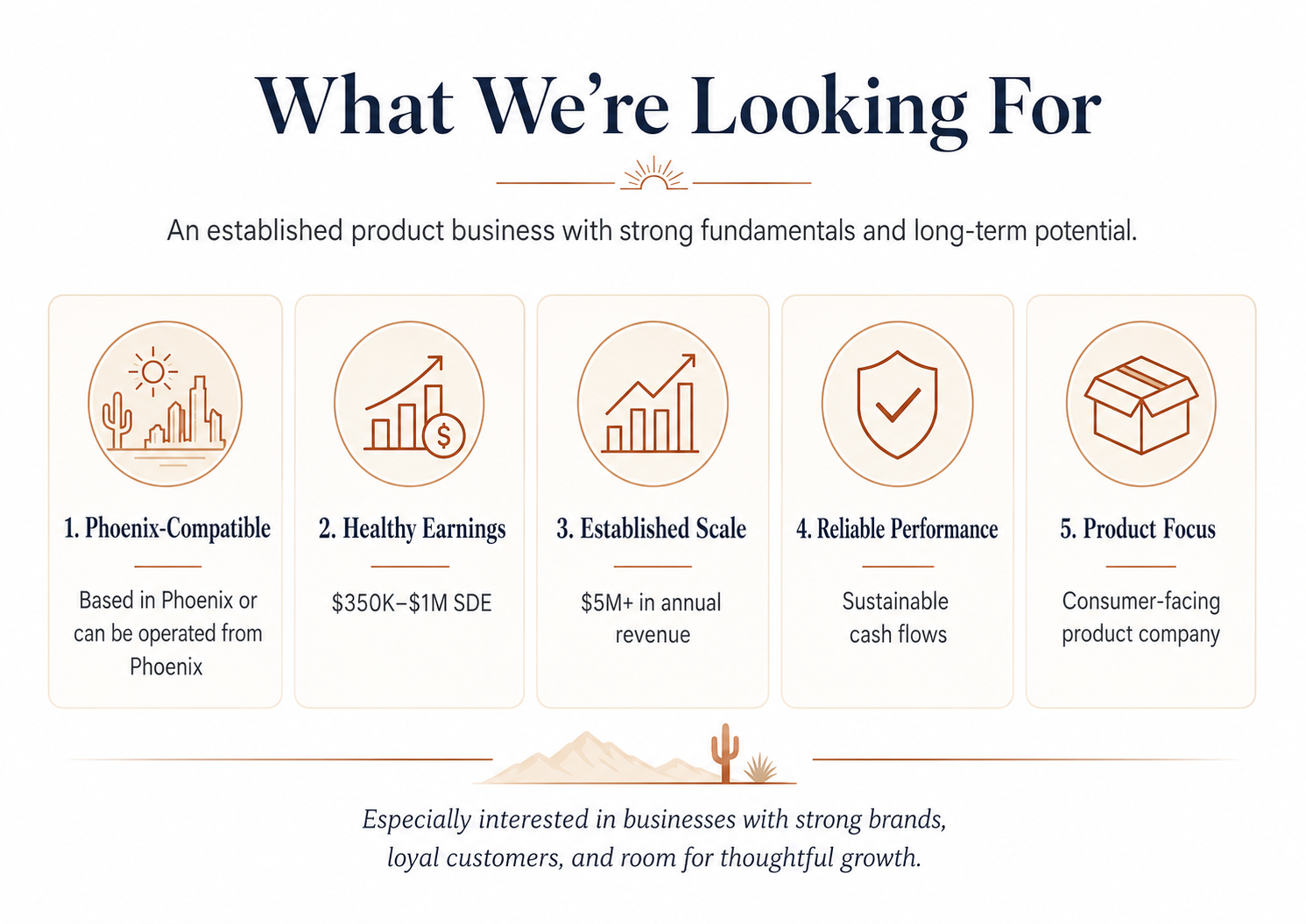 Infographic with five sections highlighting company strengths: 1. Phoenix-Compatible with a desert city skyline icon; 2. Healthy Earnings with a rising bar graph icon and dollar sign; 3. Established Scale with an upward trending bar graph icon; 4. Reliable Performance with a shield and checkmark icon; 5. Product Focus with a box icon. Underneath, there is a quote about business focus.