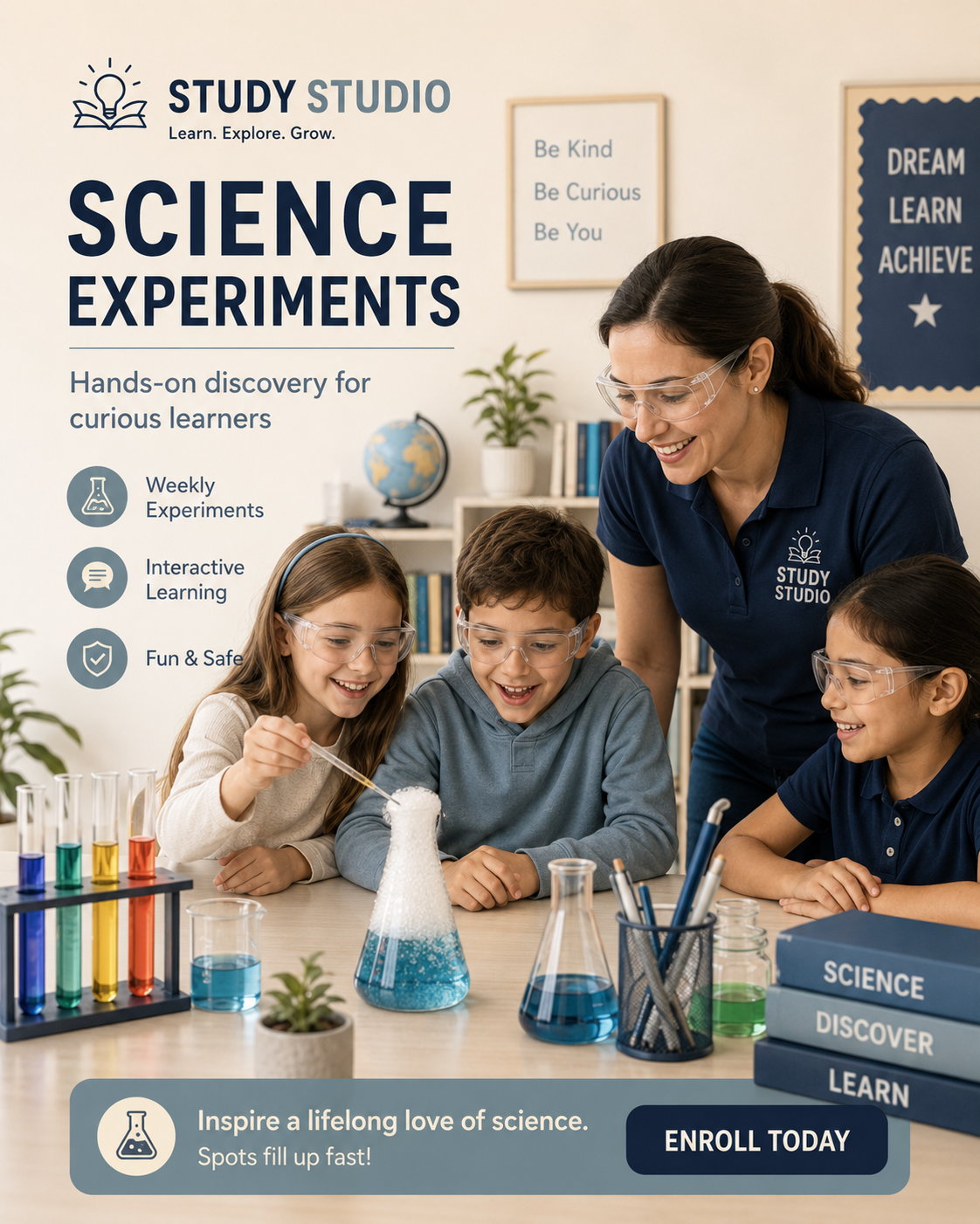 A teacher and three children engaged in science experiments at a classroom table, surrounded by lab equipment and educational decor.