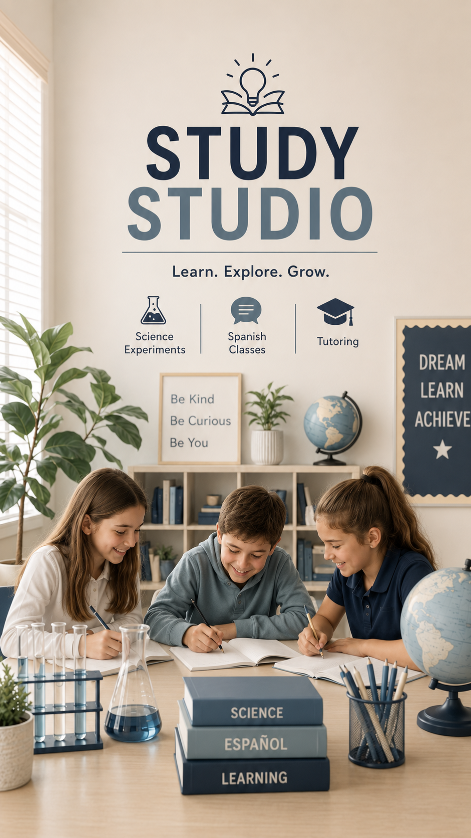 Three children studying at a desk in a science classroom with books, test tubes, a globe, and a framed quote that says "Be Kind, Be Curious, Be You."