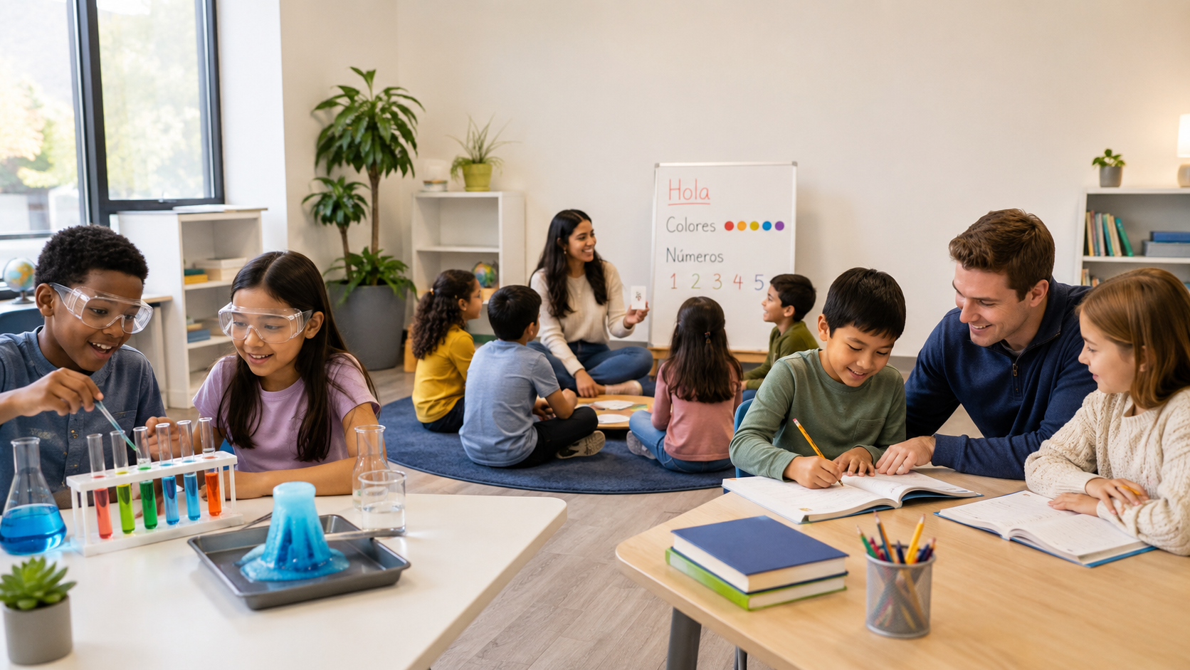 A classroom scene with children engaged in science experiments and learning activities, a teacher instructing, and a group of kids sitting on the floor and at tables with books and educational supplies.