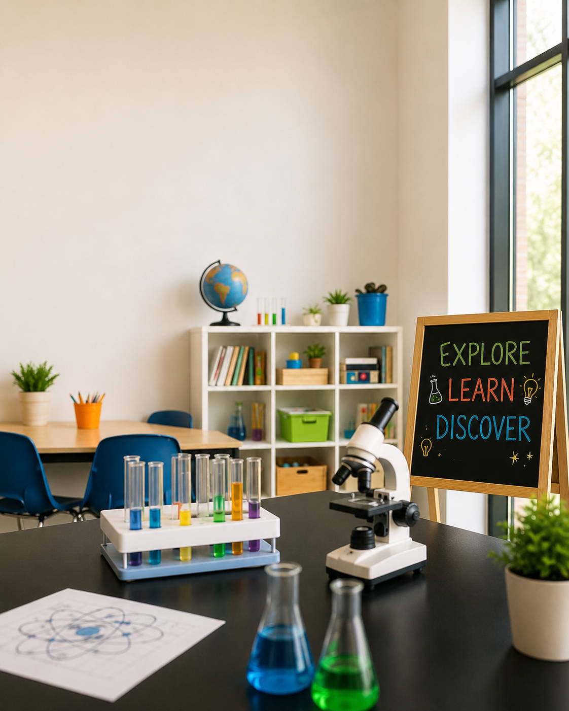 A science classroom with test tubes filled with colorful liquids, a microscope, and a chalkboard sign that says "Explore, Learn, Discover". There are books, plants, and science supplies on shelves and tables.