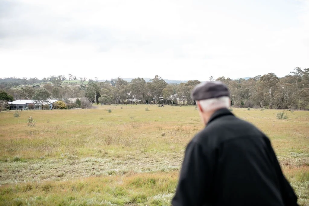 A person with gray hair wearing a black jacket and gray cap looking out over a grassy field with trees and buildings in the distance under a cloudy sky.
