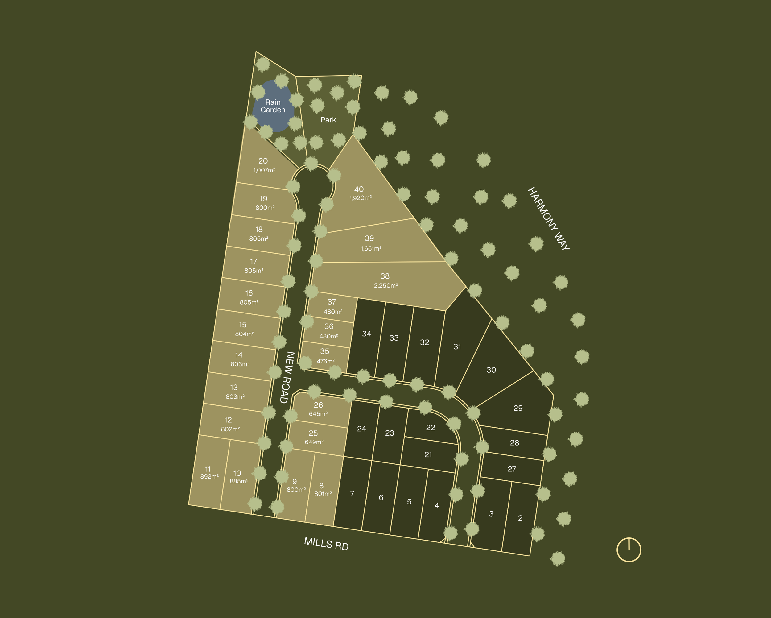 A site plan of a residential neighborhood showing numbered plots, a park, a rain garden, and a street labeled Mills Road.