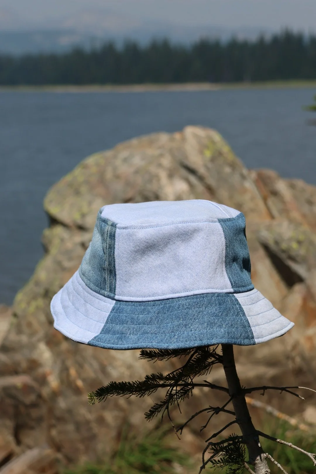 Reversible Upcycled Denim & green Flannel Bucket Hat