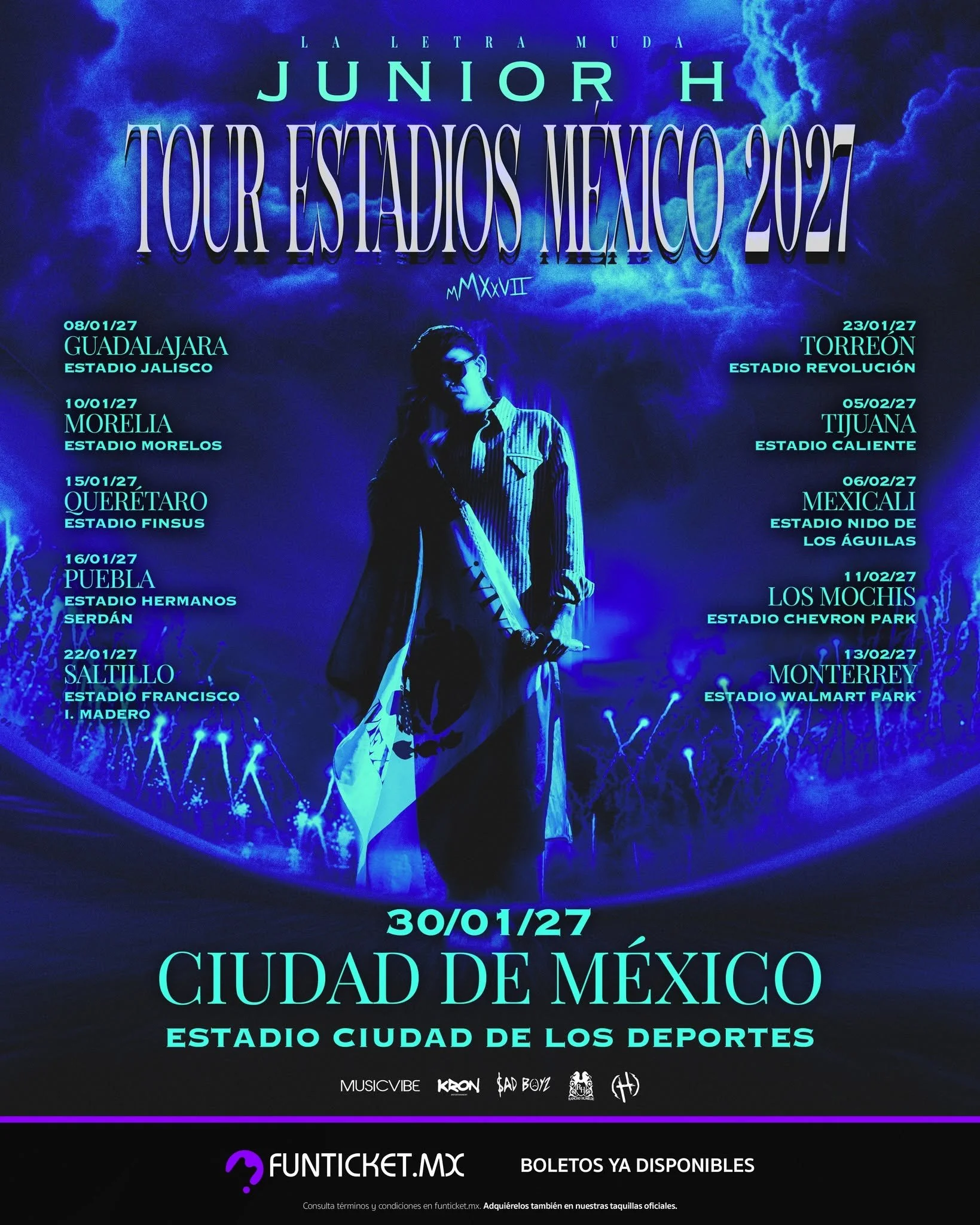 Cartel de gira con ciudades y estadios en México para Junior H en 2026.