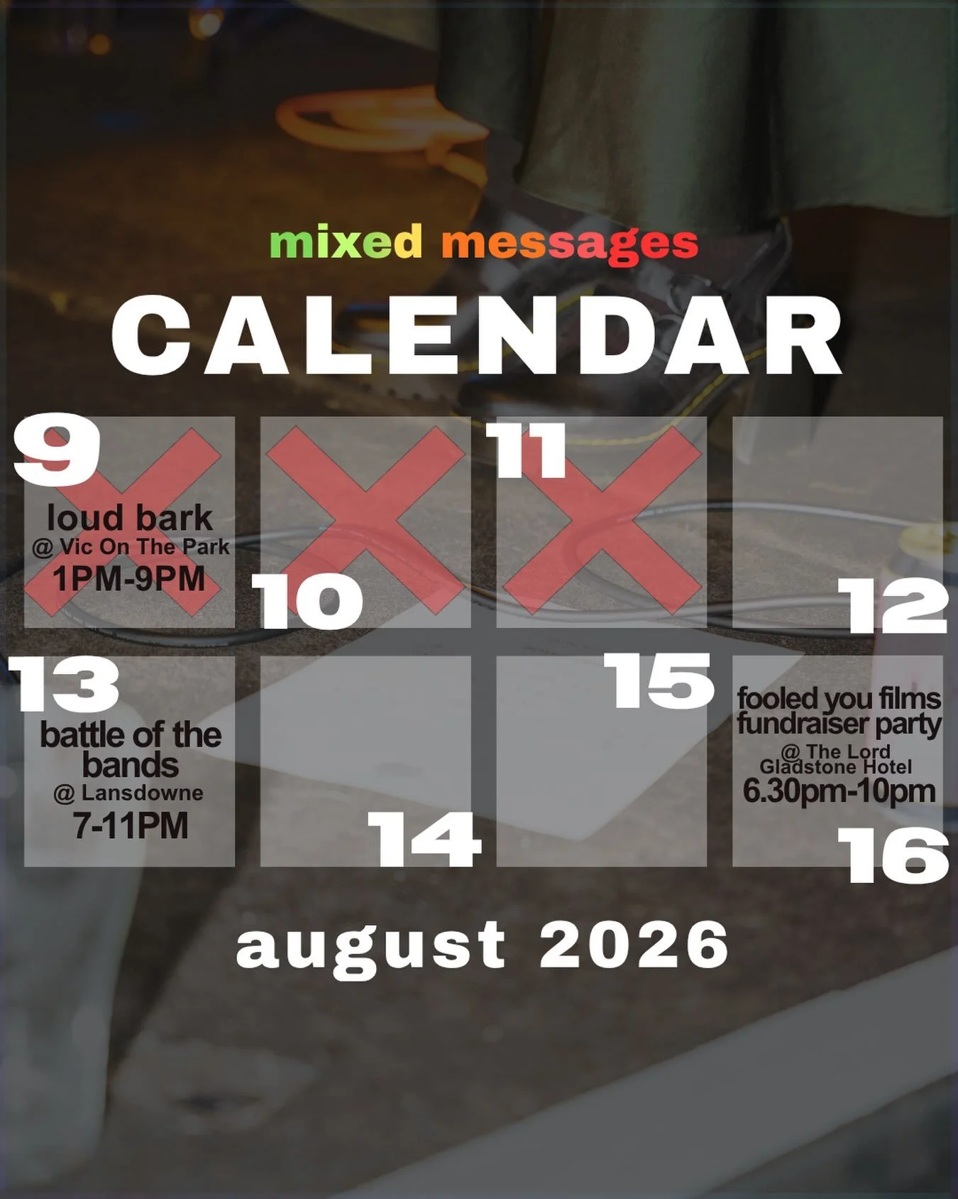 not sure which gig of ours to come to? 

we made a small calendar of our upcoming events! swing by to watch us play this week :)